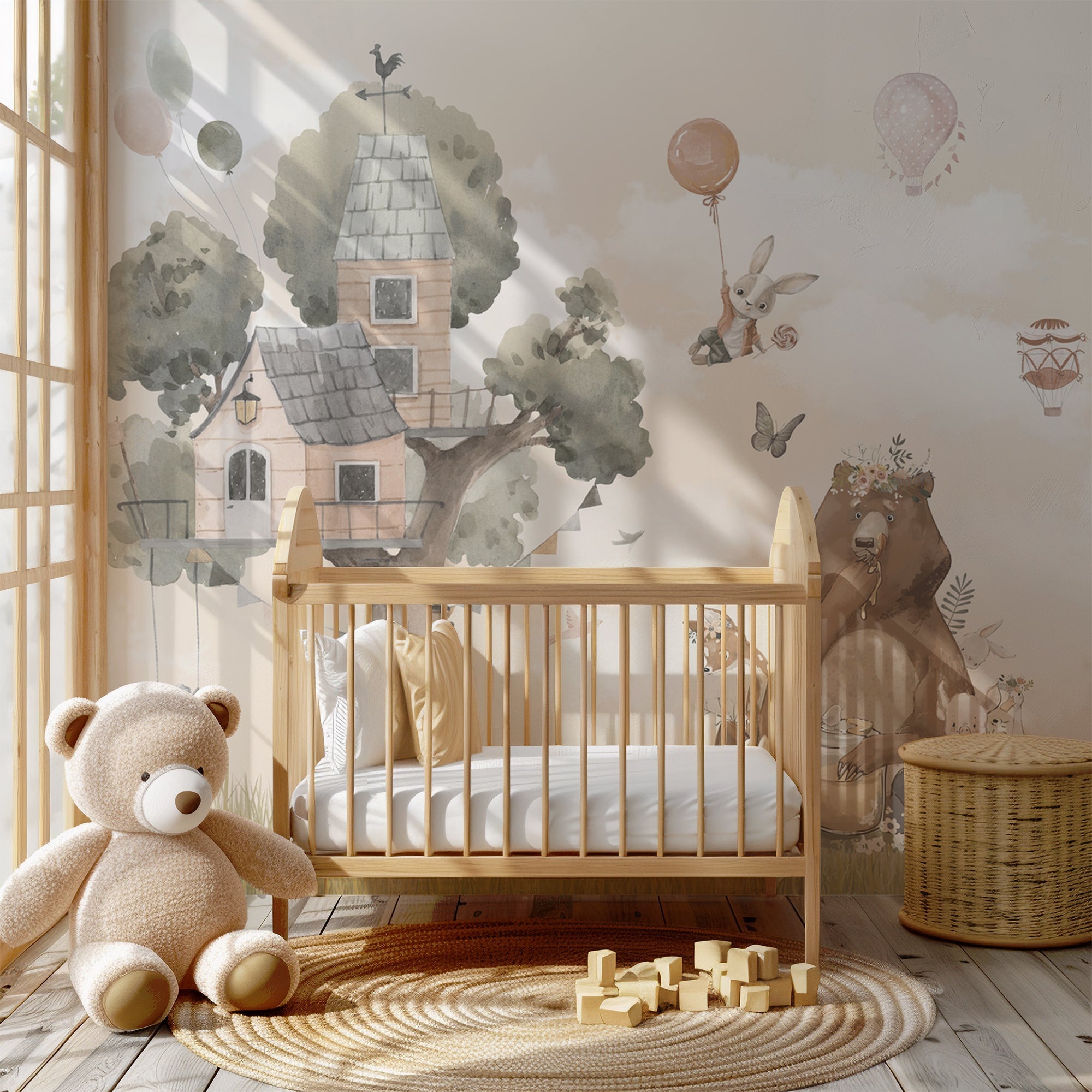 Nursery Animal Treehouse Wallpaper - Mural Beige Pastel Tones With Bear Bunny Deer And Hot Air Balloons Watercolor BV356