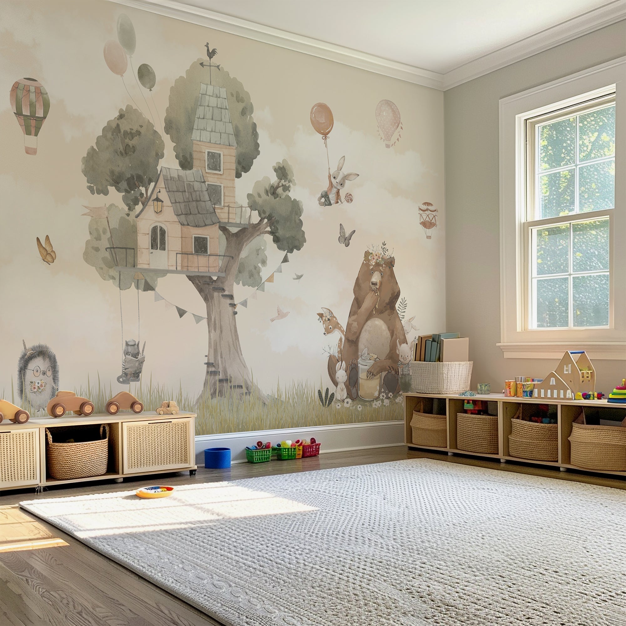 Nursery Animal Treehouse Wallpaper - Mural Beige Pastel Tones With Bear Bunny Deer And Hot Air Balloons Watercolor BV356
