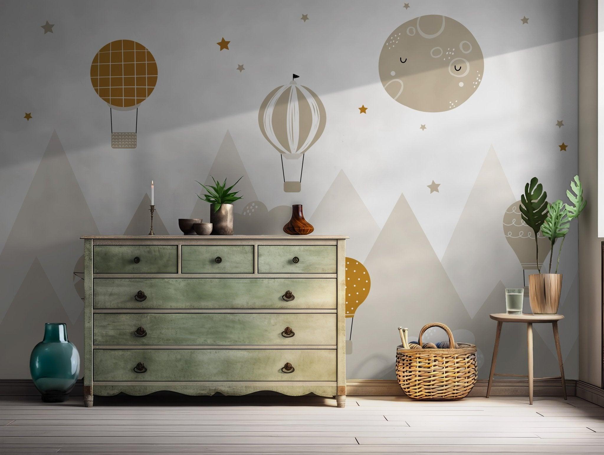 Nursery Kids Wallpaper - Self Adhesive Wall Mural - Mountains Air Balloons Baby Decal BV149