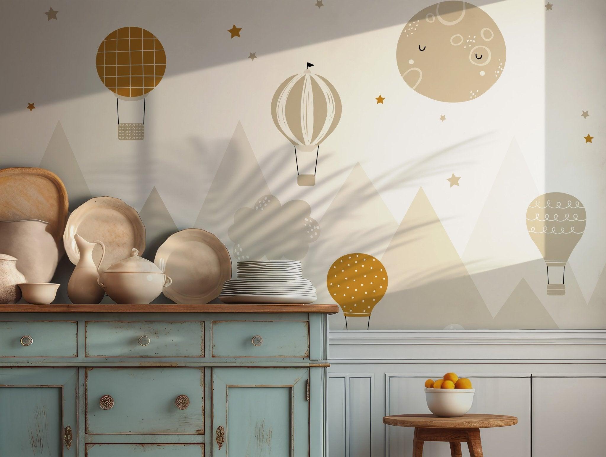 Soft beige hot air balloon and moon design mural for children’s rooms, printed on removable wallpaper ideal for temporary applications.