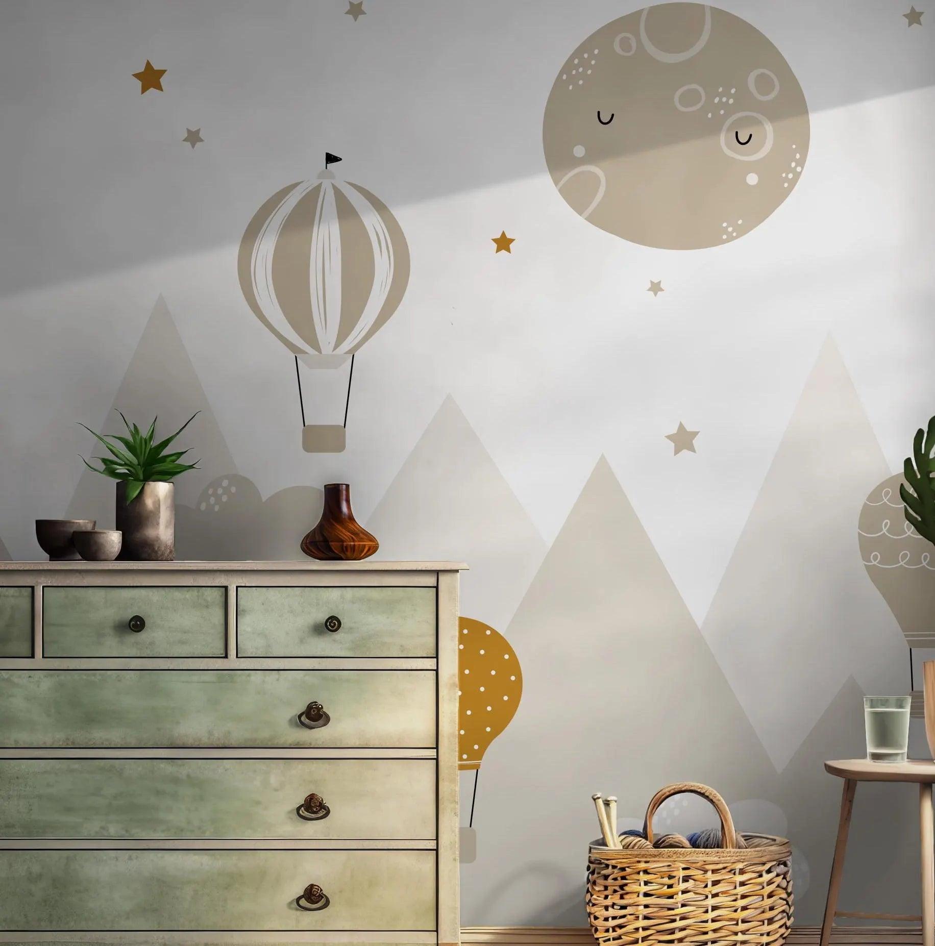 Nursery Kids Wallpaper - Self Adhesive Wall Mural - Mountains Air Balloons Baby Decal BV149