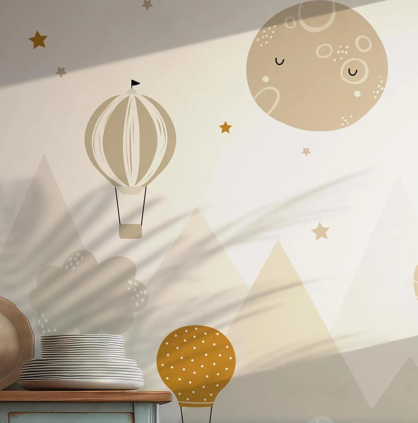 Nursery Kids Wallpaper - Self Adhesive Wall Mural - Mountains Air Balloons Baby Decal BV149