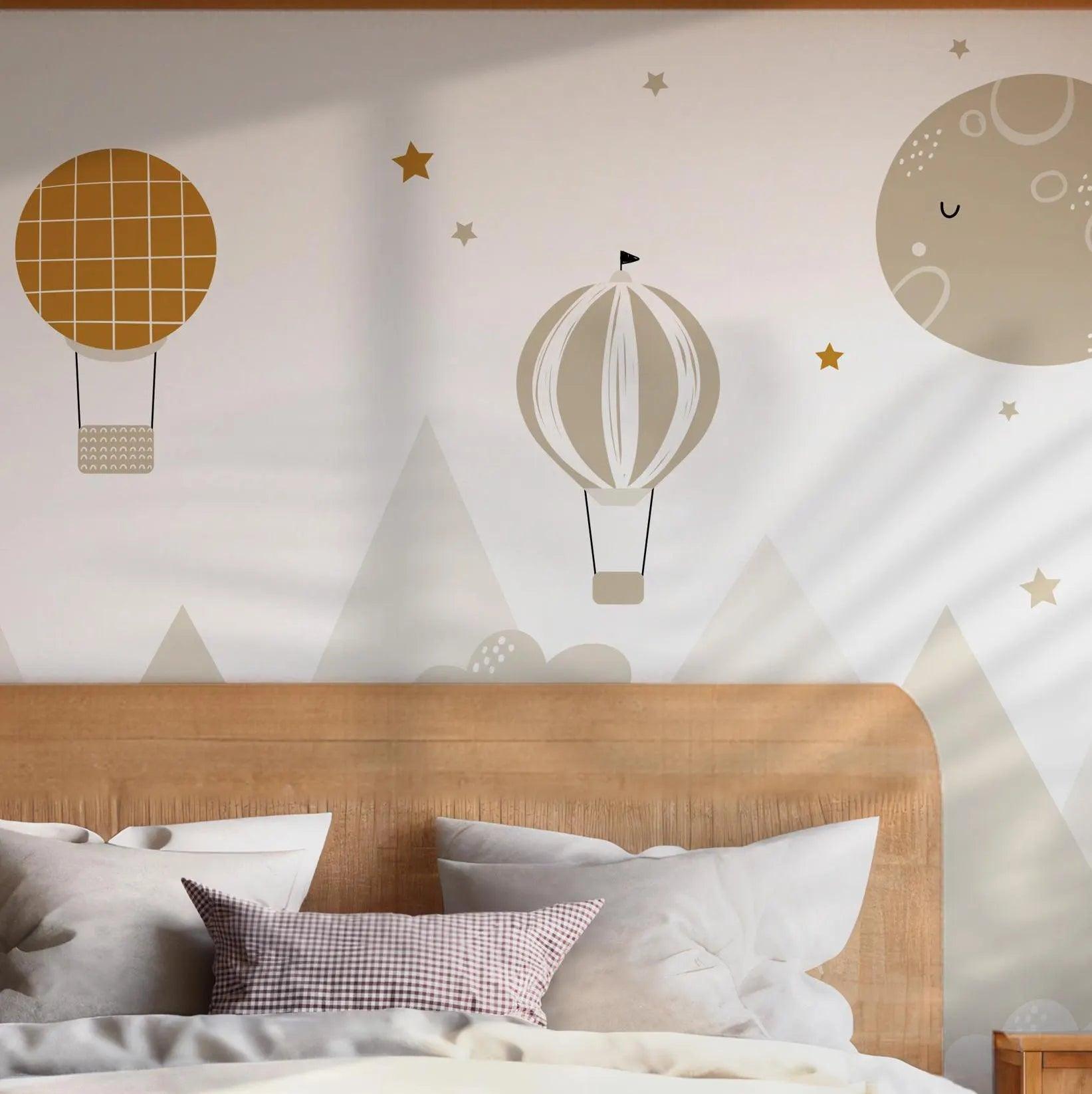 Nursery Kids Wallpaper - Self Adhesive Wall Mural - Mountains Air Balloons Baby Decal BV149