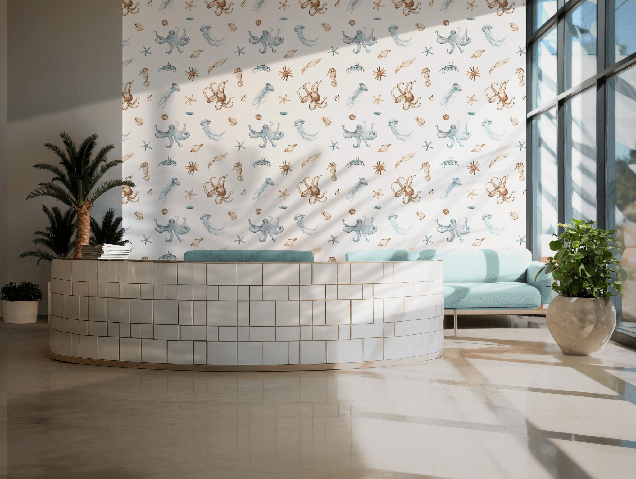 Nursery Marine Wildlife Art Wallpaper - Peel and Stick - Sea Octopus Jellyfish Starfish Ocean BV336