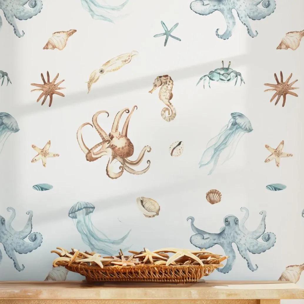Nursery Marine Wildlife Art Wallpaper - Peel and Stick - Sea Octopus Jellyfish Starfish Ocean BV336
