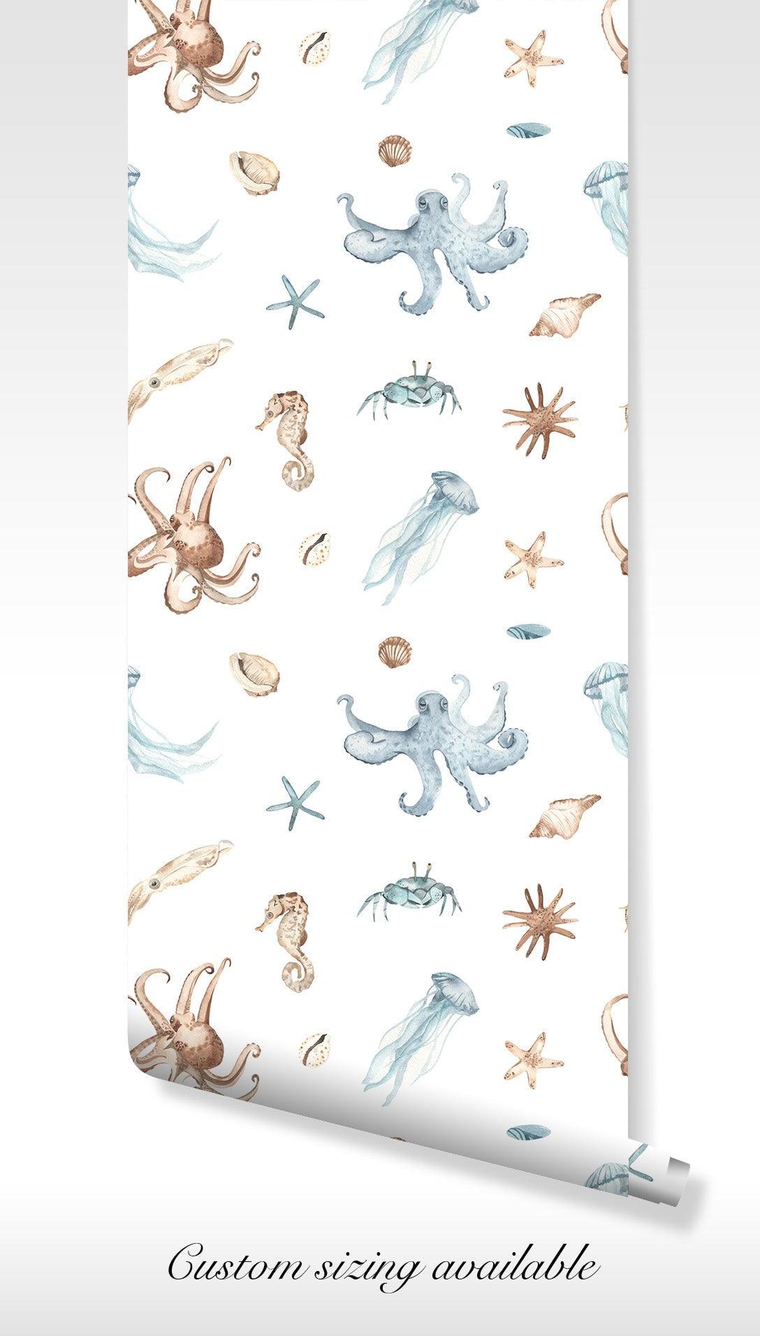 Nursery Marine Wildlife Art Wallpaper - Peel and Stick - Sea Octopus Jellyfish Starfish Ocean BV336