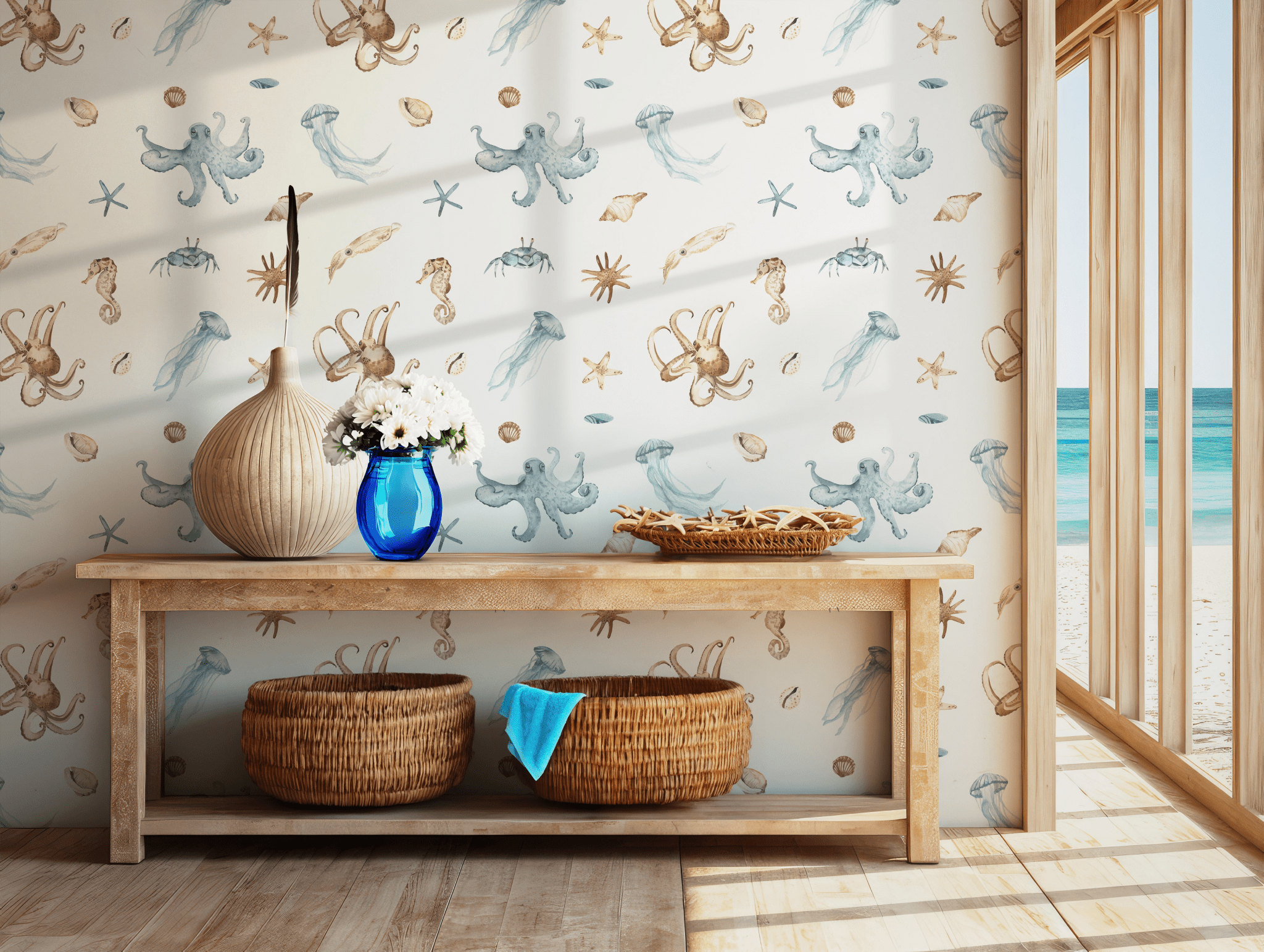 Nursery Watercolor Marine Wildlife Art Sea Life Self Adhesive Peel and Stick Wallpaper Octopus Jellyfish Starfish Nautical Ocean BV336