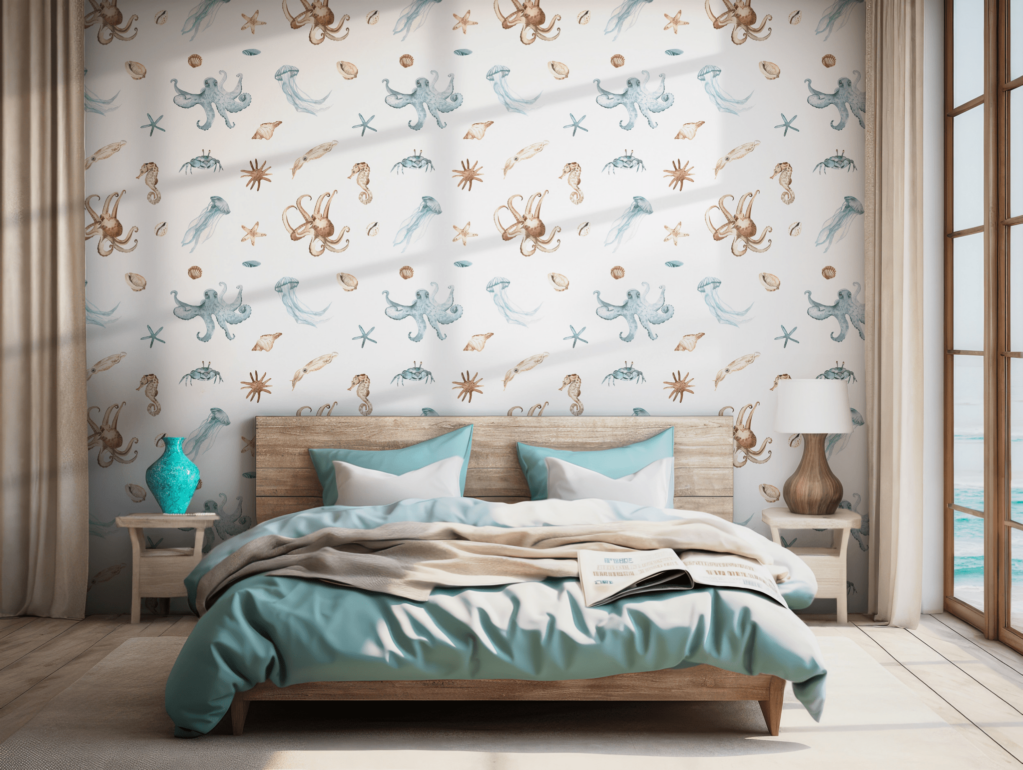 Nursery Watercolor Marine Wildlife Art Sea Life Self Adhesive Peel and Stick Wallpaper Octopus Jellyfish Starfish Nautical Ocean BV336