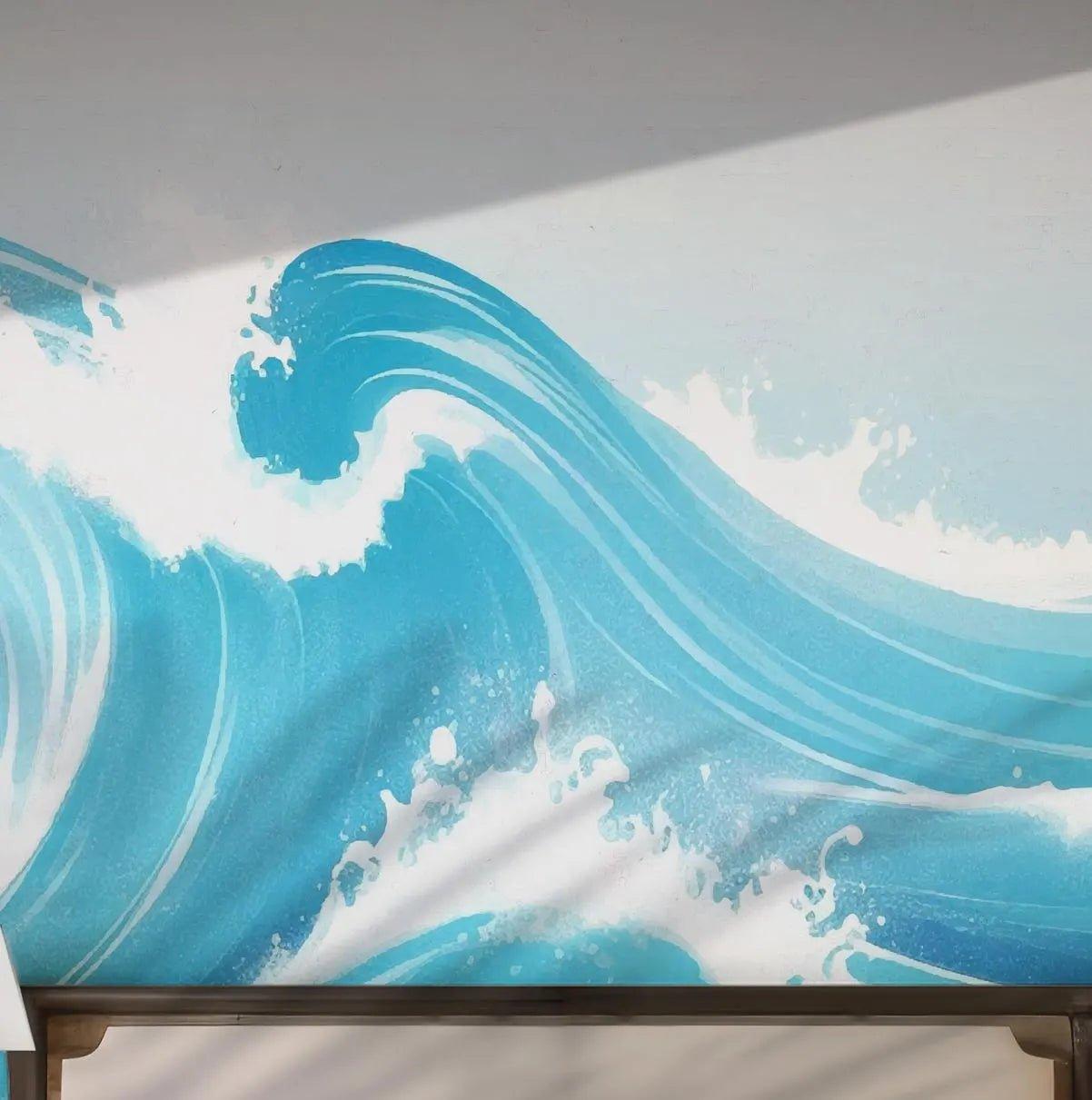 Ocean Blue White Wave Wallpaper - Self Adhesive Peel and Stick Wall Mural - Coastal Japanese Marine Beach BV279