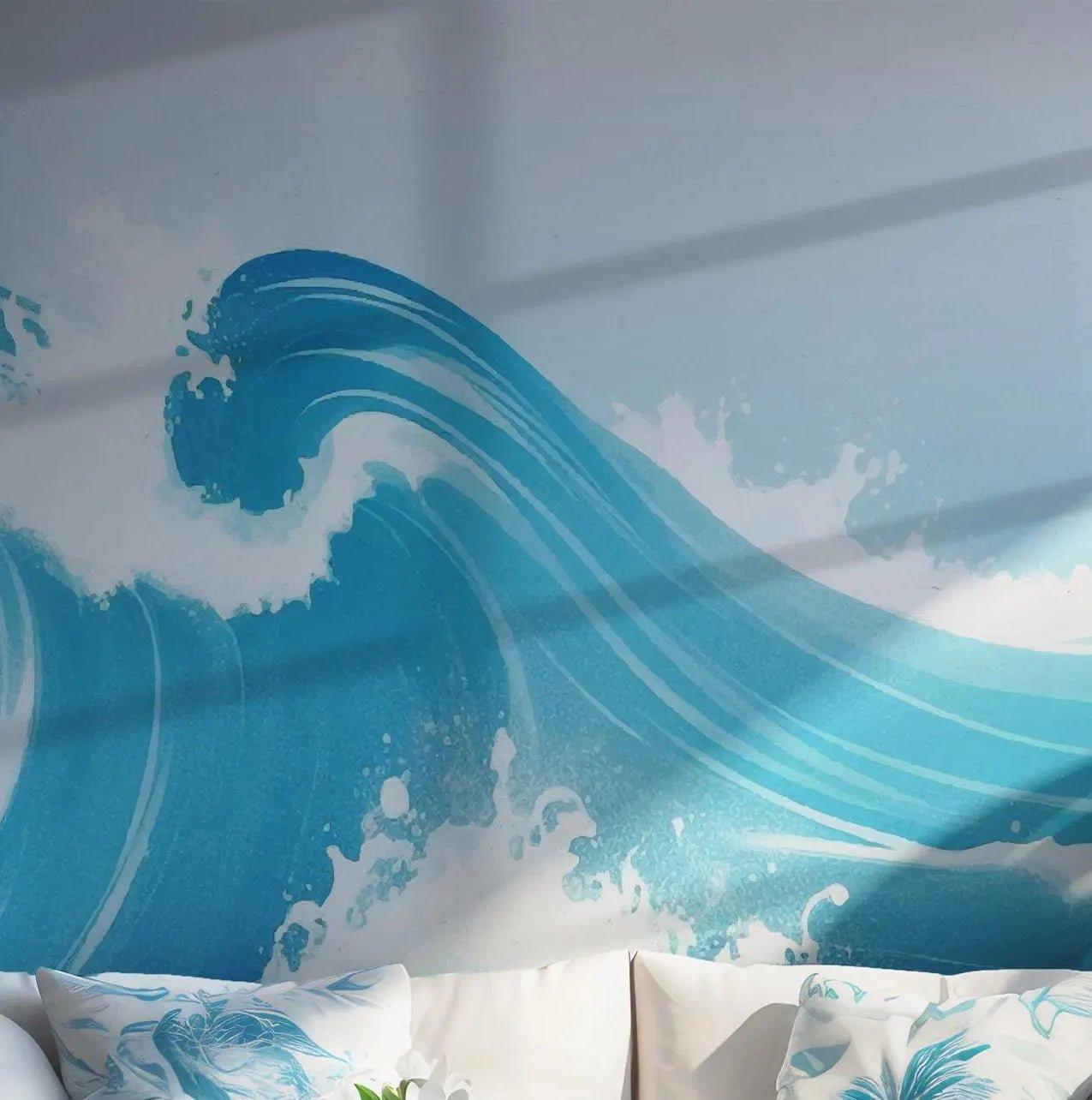 Ocean Blue White Wave Wallpaper - Self Adhesive Peel and Stick Wall Mural - Coastal Japanese Marine Beach BV279