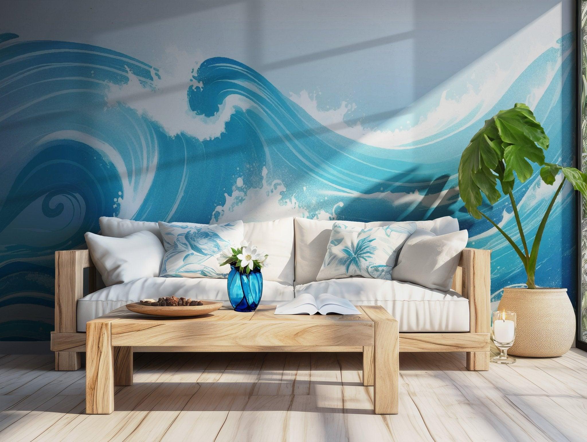 Ocean Blue White Wave Wallpaper - Self Adhesive Peel and Stick Wall Mural - Coastal Japanese Marine Beach BV279