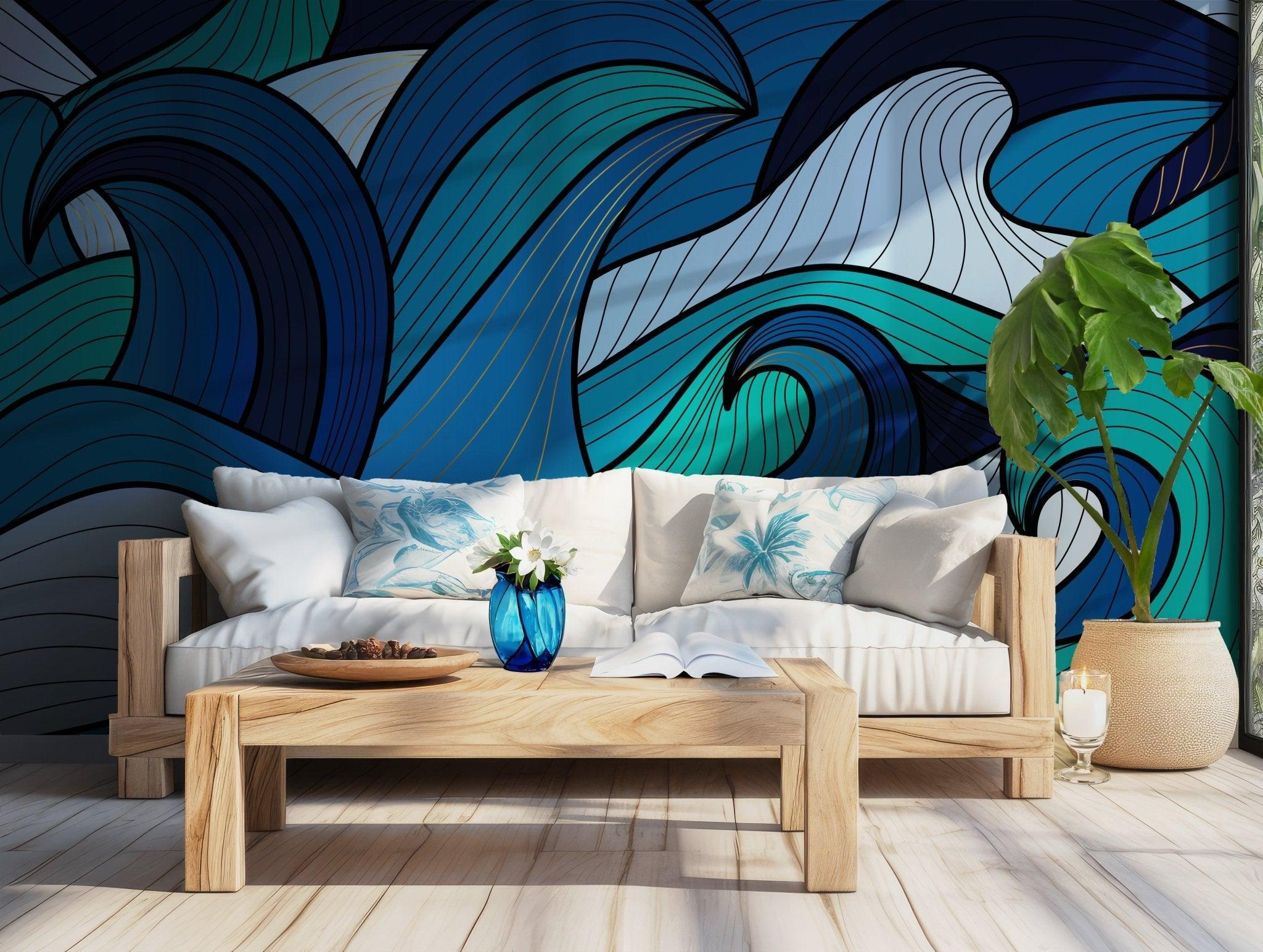 Ocean Wave Wallpaper - Self Adhesive Peel and Stick Wall Mural - Beach Bold Tones BV275