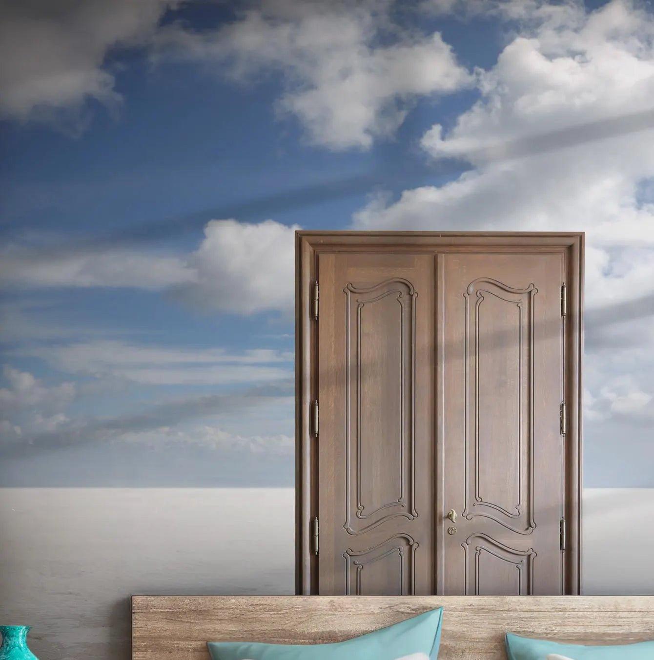 Open Sky Wallpaper - Self Adhesive Peel and Stick Wall Mural - Background Surreal Wooden Door BV259