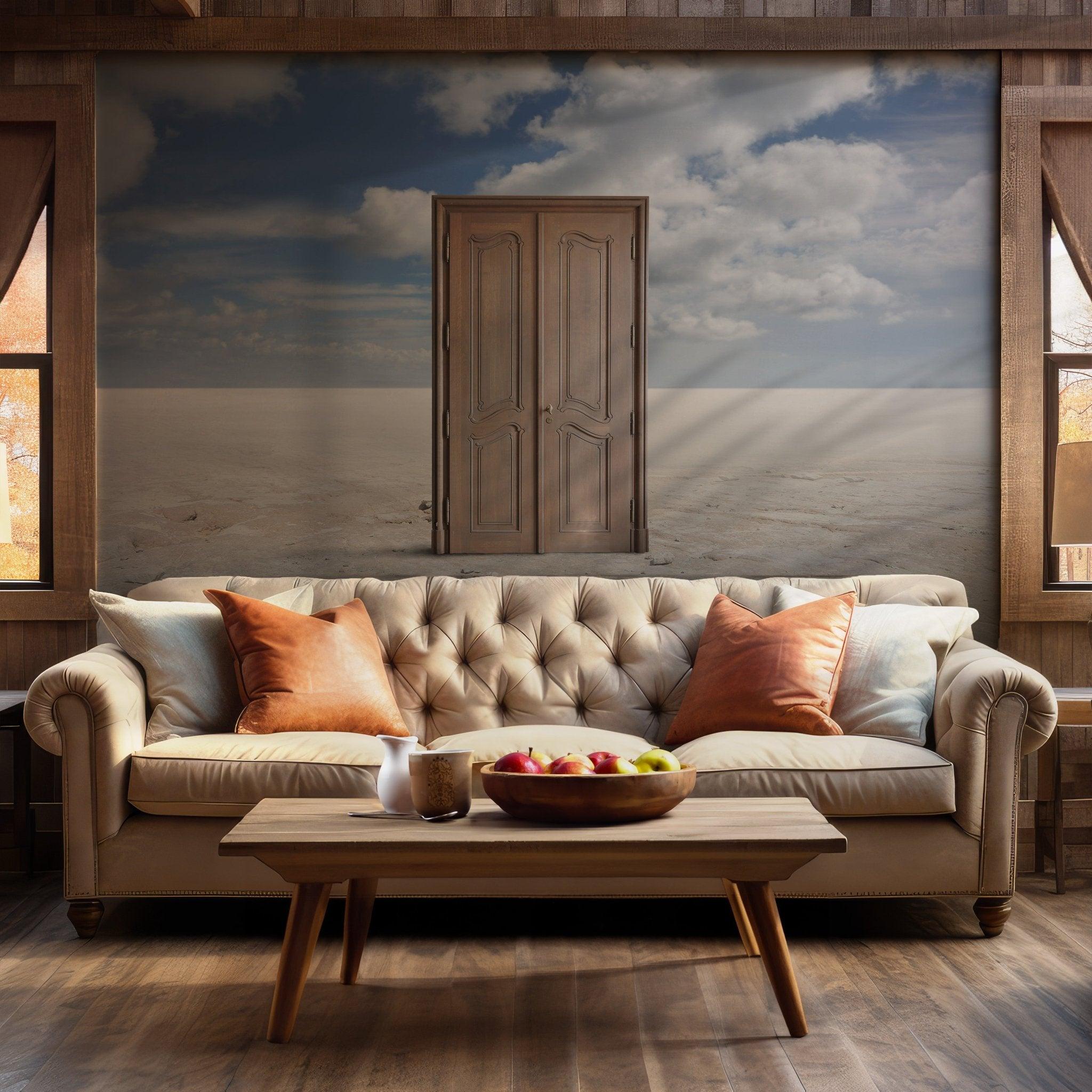 Open Sky Wallpaper - Self Adhesive Peel and Stick Wall Mural - Background Surreal Wooden Door BV259