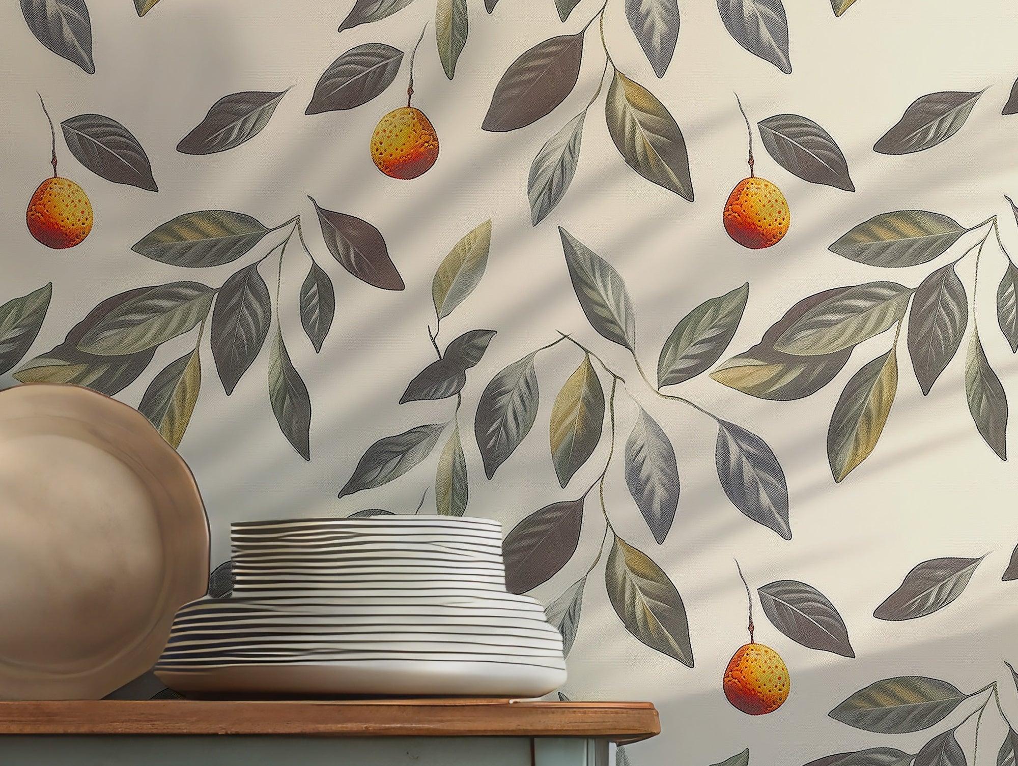 Orange Fruit Vibrant Wallpaper - Peel and Stick Self Adhesive - Botanical Green Leaves Fresh Citrus Leaf BV098