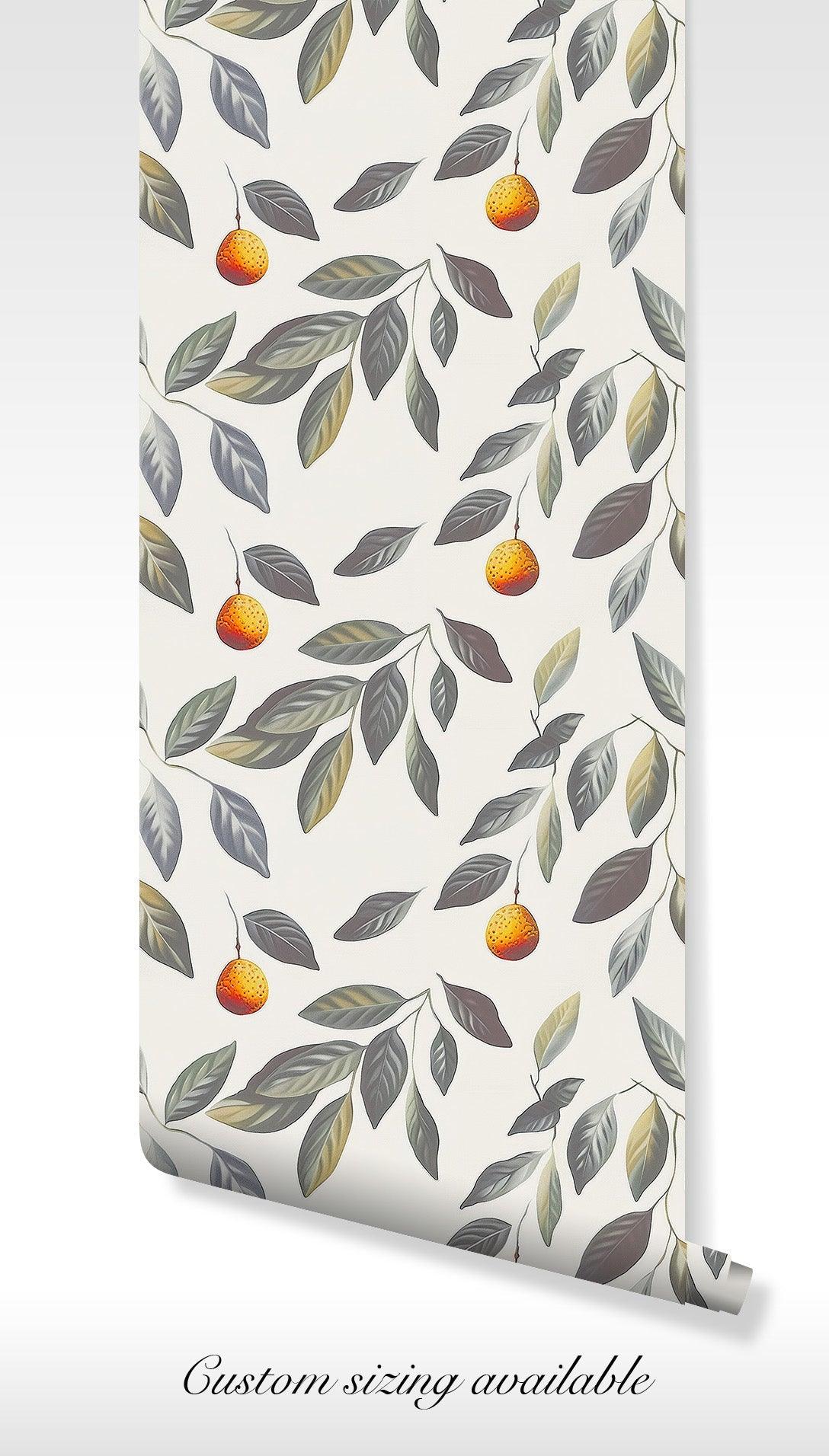 Orange Fruit Vibrant Wallpaper - Peel and Stick Self Adhesive - Botanical Green Leaves Fresh Citrus Leaf BV098