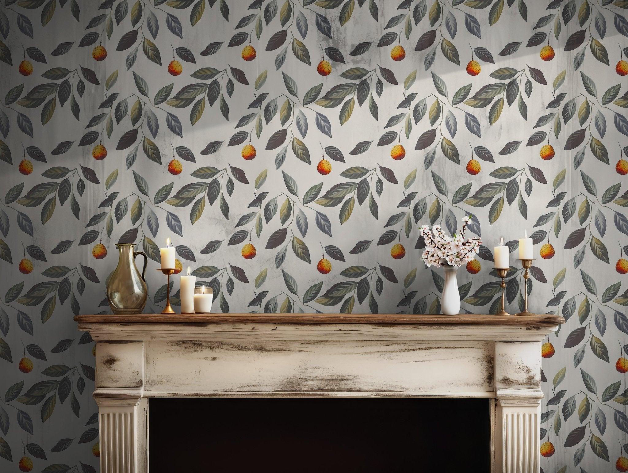 Orange Fruit Vibrant Wallpaper - Peel and Stick Self Adhesive - Botanical Green Leaves Fresh Citrus Leaf BV098