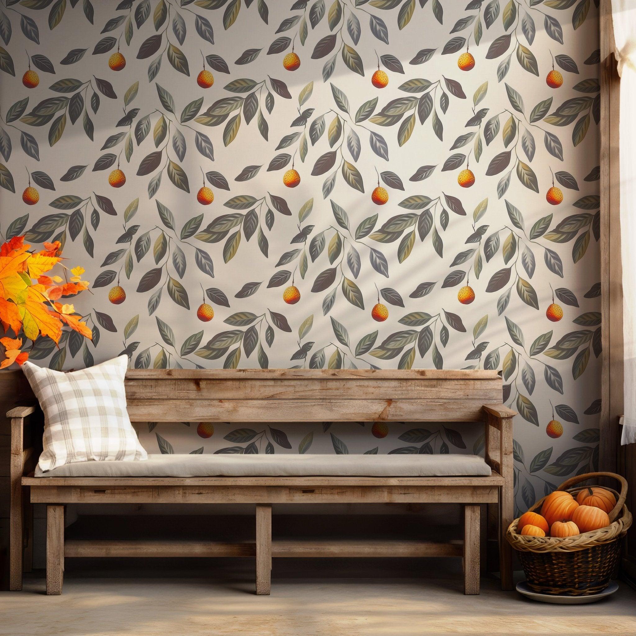 Orange Fruit Vibrant Wallpaper - Botanical Green Leaves Peel and Stick Self Adhesive - Fresh Tropical Citrus Leaf Elegant BV098