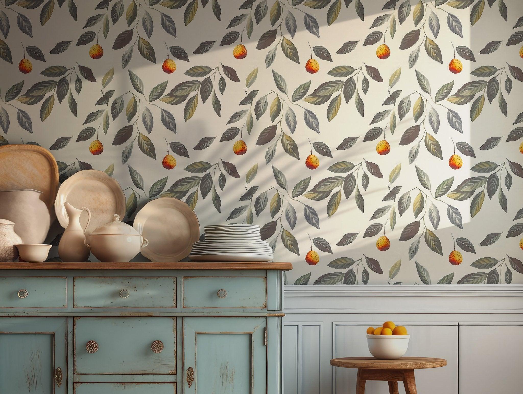 Orange Fruit Vibrant Wallpaper - Peel and Stick Self Adhesive - Botanical Green Leaves Fresh Citrus Leaf BV098