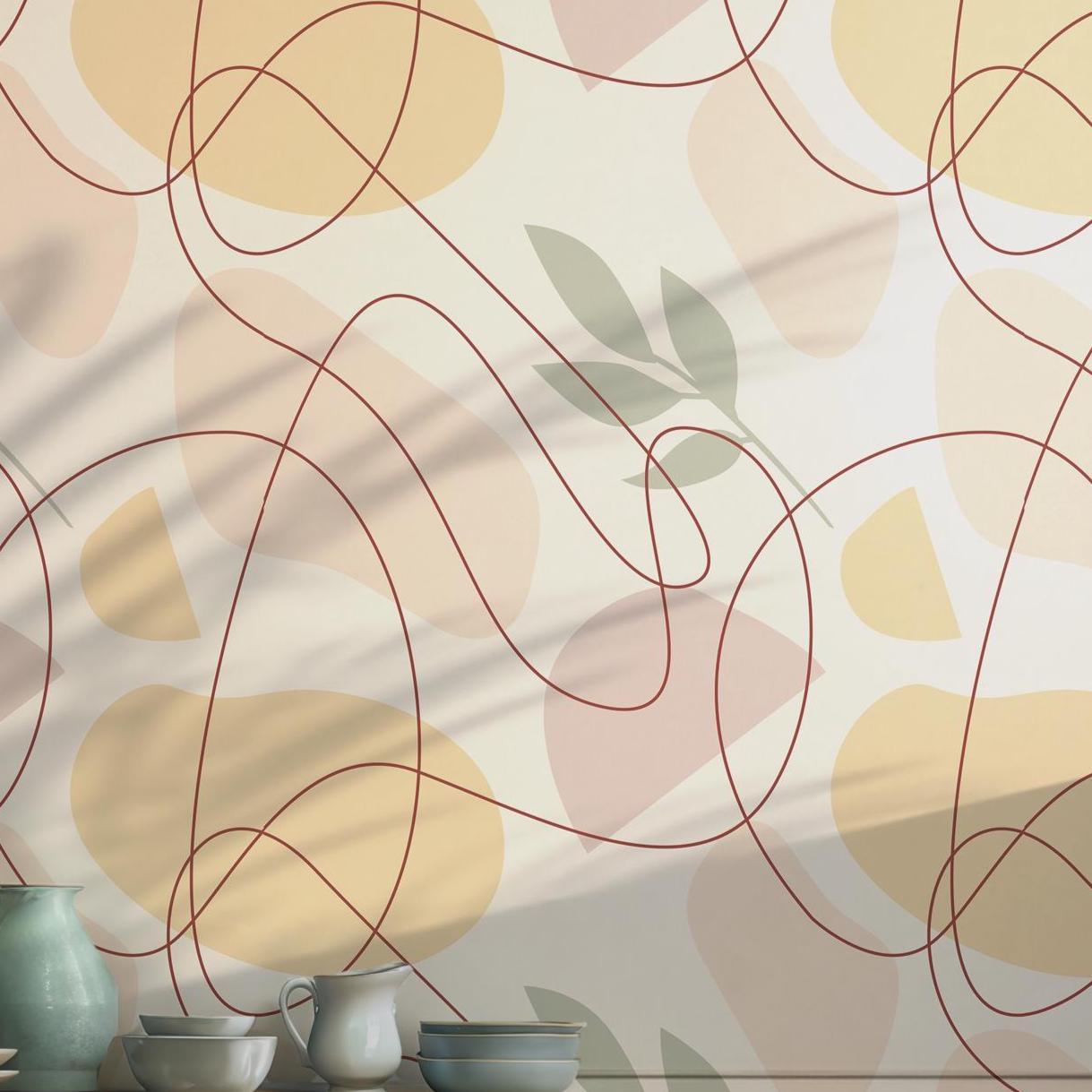 Orange Pink Beige Line Art Wallpaper - Self Adhesive Peel and Stick - Abstract Earthy Geometric Shapes BV306