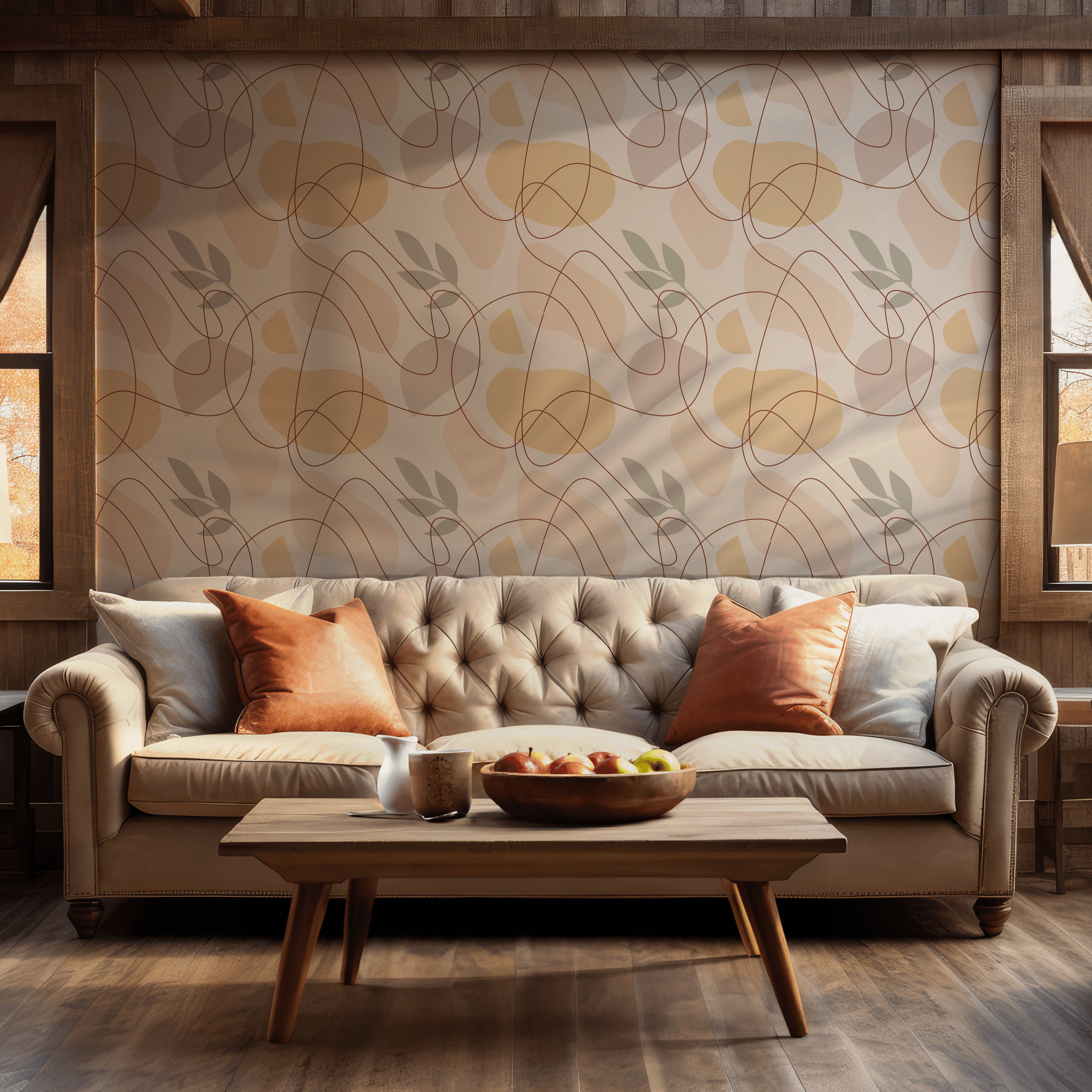 Orange Pink Beige Line Art Wallpaper - Self Adhesive Peel and Stick - Abstract Earthy Geometric Shapes BV306