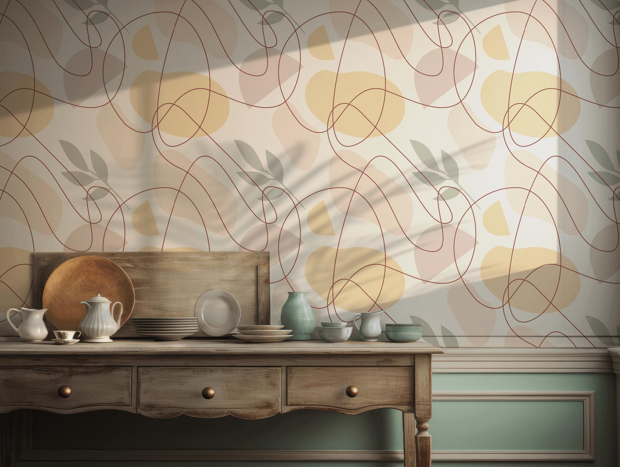 Orange Pink Beige Line Art Wallpaper - Self Adhesive Peel and Stick - Abstract Earthy Geometric Shapes BV306