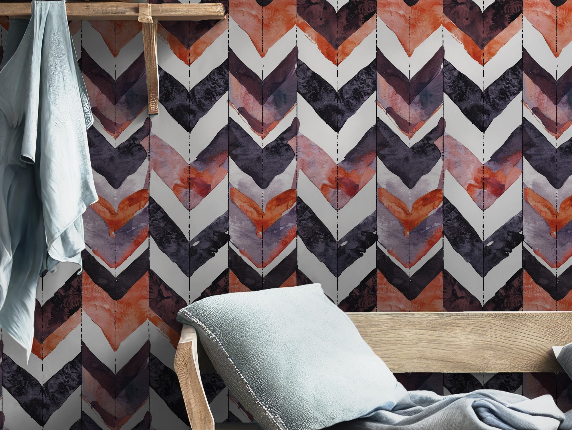 Orange Purple Autumn Zigzag Wallpaper - Temporary Wall Decor Abstract Herringbone Arrows Self Adhesive - Bold Chevron Watercolor BV099