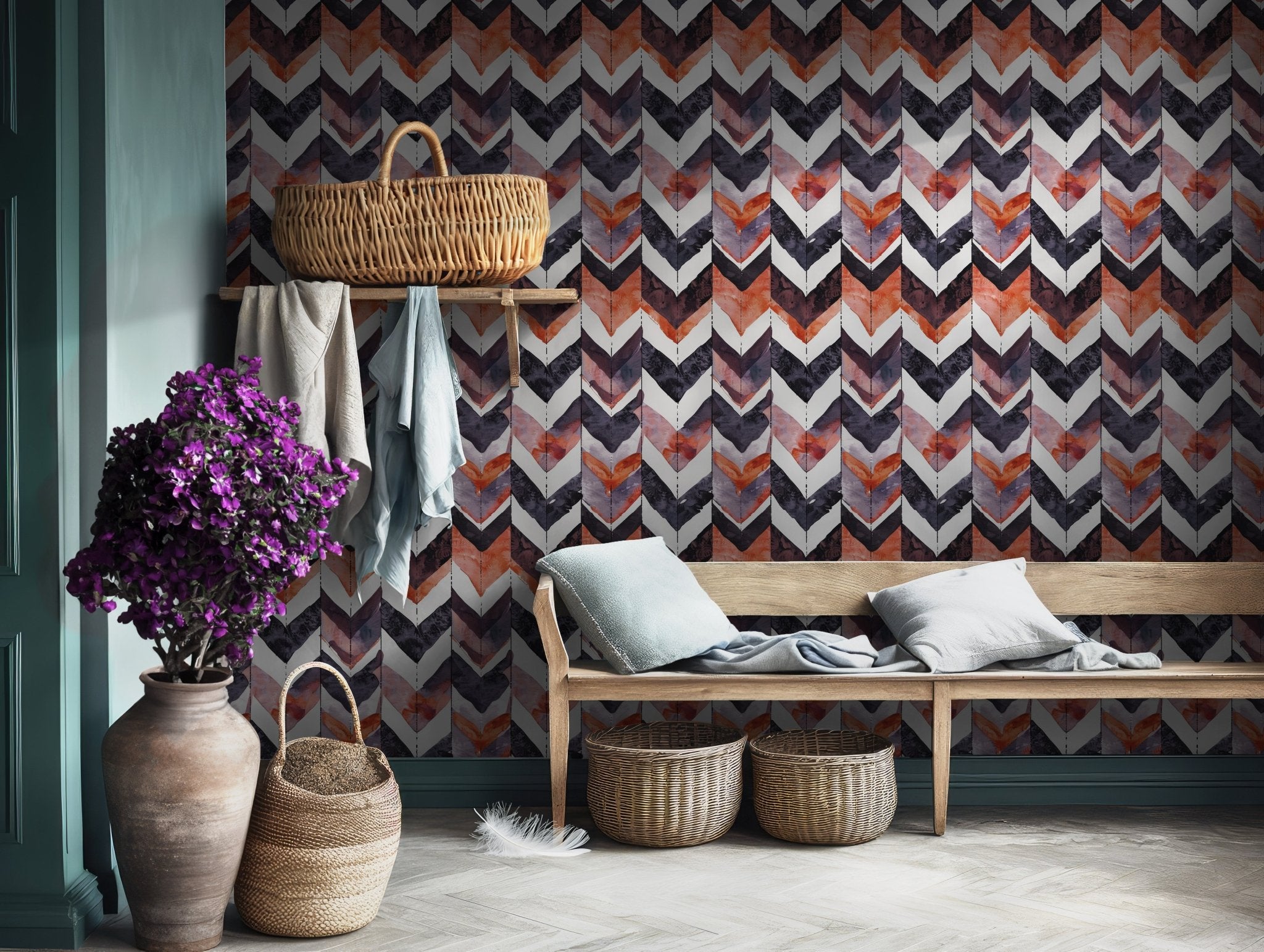 Orange Purple Autumn Zigzag Wallpaper - Temporary Wall Decor Abstract Herringbone Arrows Self Adhesive - Bold Chevron Watercolor BV099