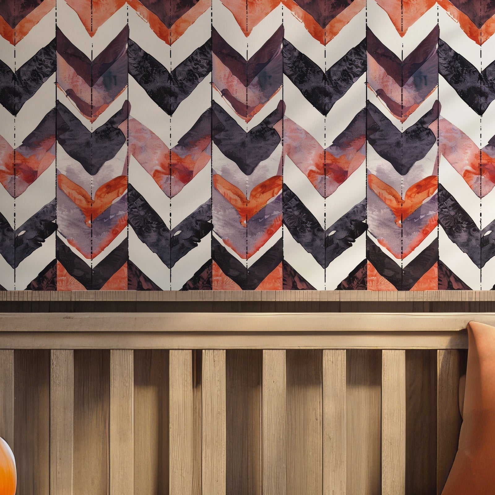 Orange Purple Autumn Zigzag Wallpaper - Temporary Wall Decor Abstract Herringbone Arrows Self Adhesive - Bold Chevron Watercolor BV099
