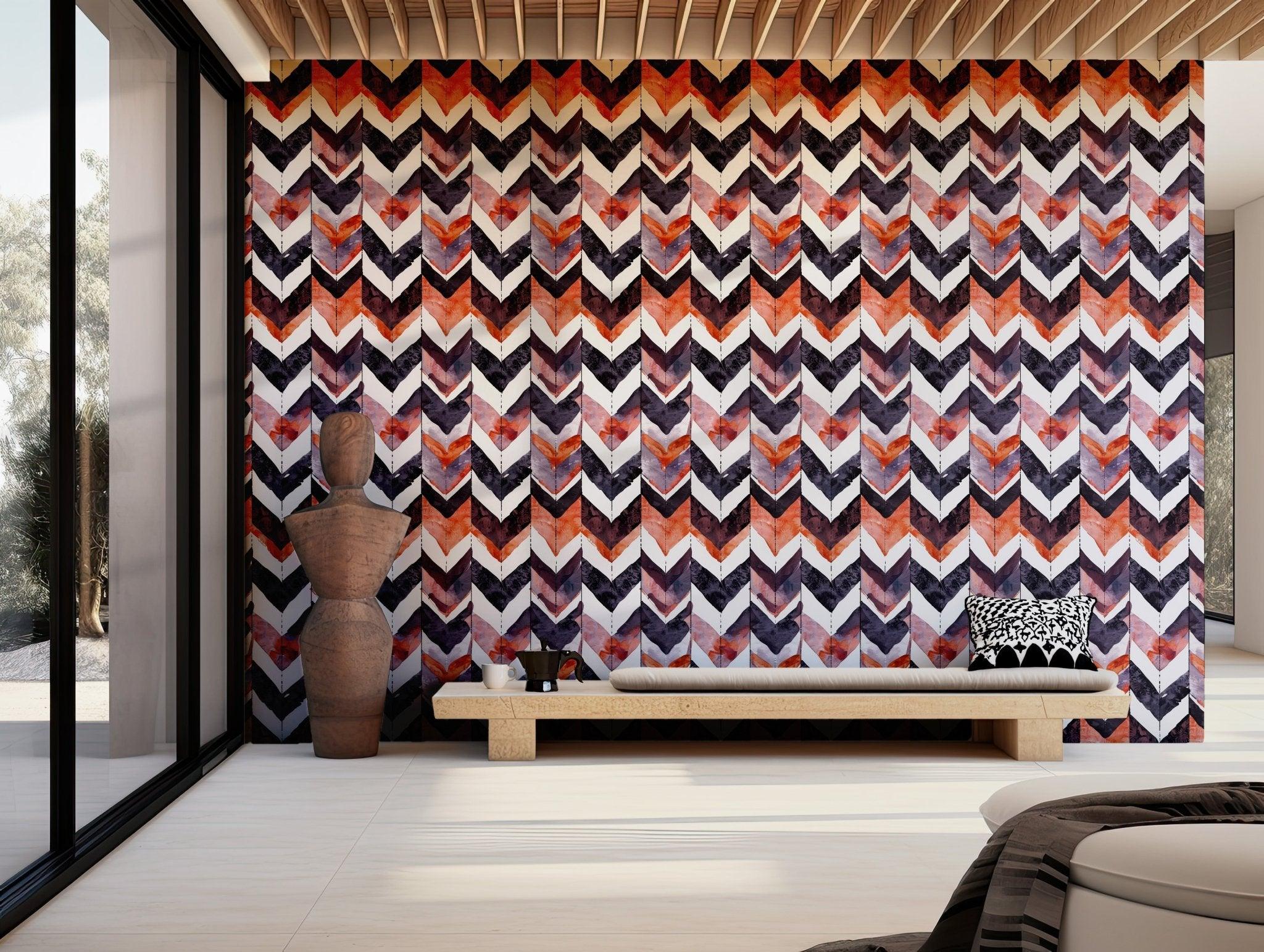 Orange Purple Chevron Wallpaper - Temporary Wall Mural - Autumn Zigzag Herringbone Arrows BV099