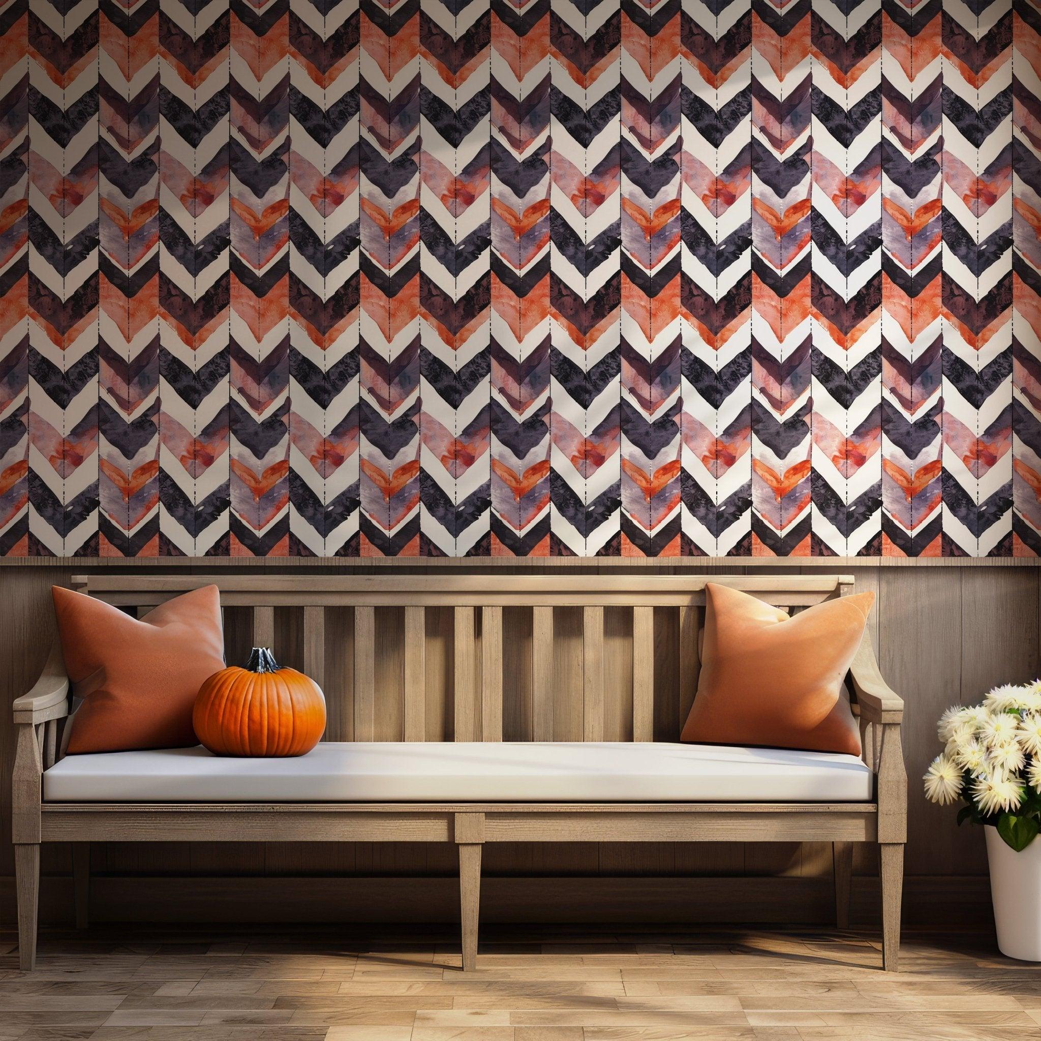 Orange Purple Chevron Wallpaper - Temporary Wall Mural - Autumn Zigzag Herringbone Arrows BV099
