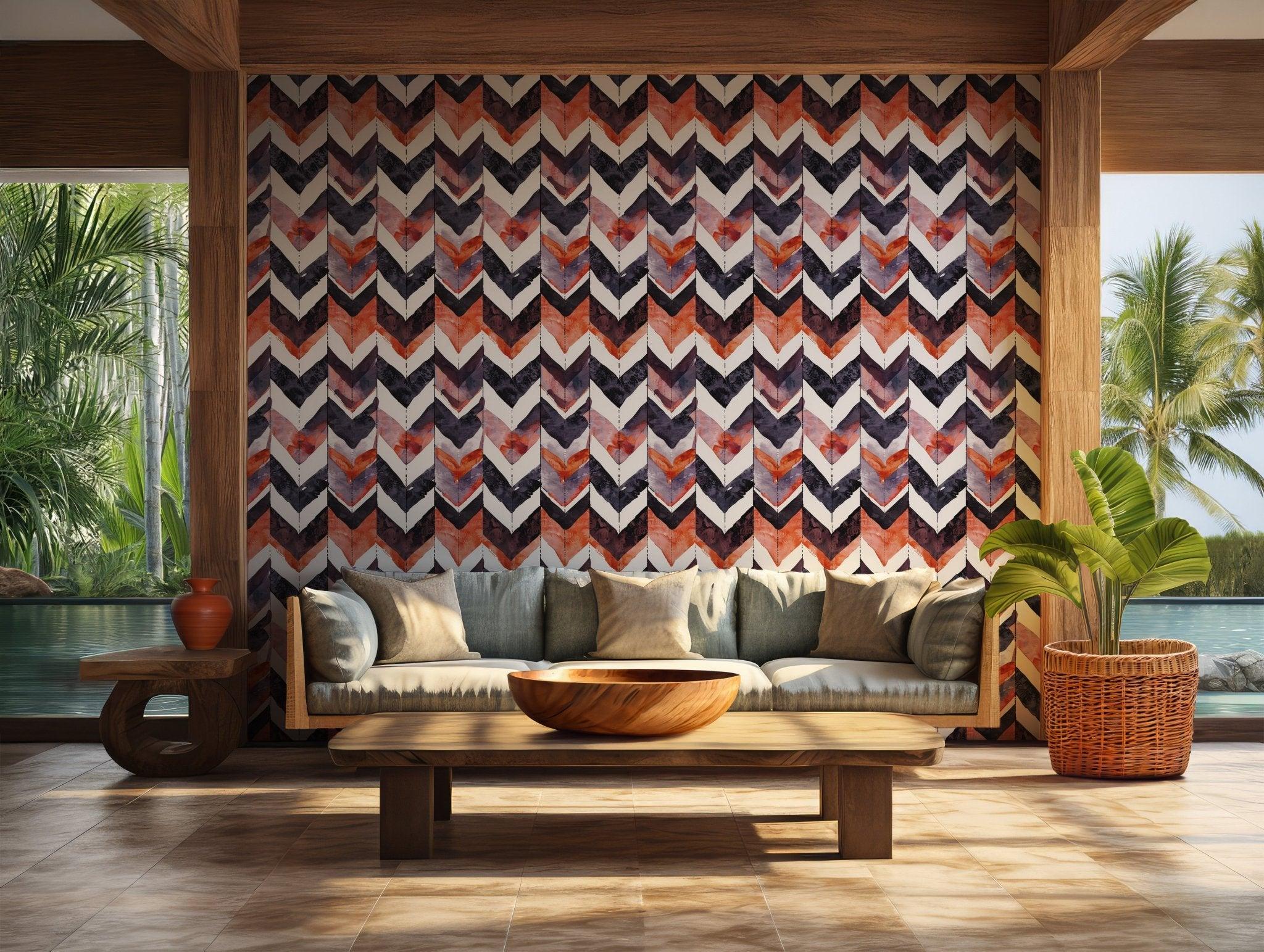 Orange Purple Chevron Wallpaper - Temporary Wall Mural - Autumn Zigzag Herringbone Arrows BV099