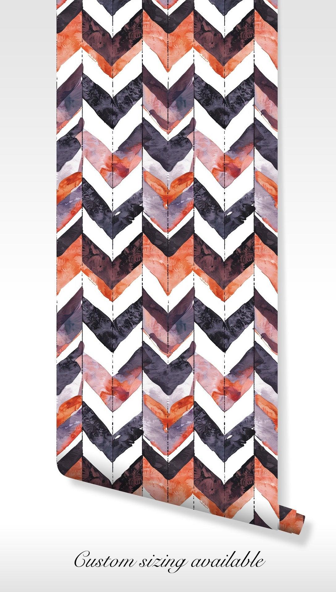 Orange Purple Chevron Wallpaper - Temporary Wall Mural - Autumn Zigzag Herringbone Arrows BV099