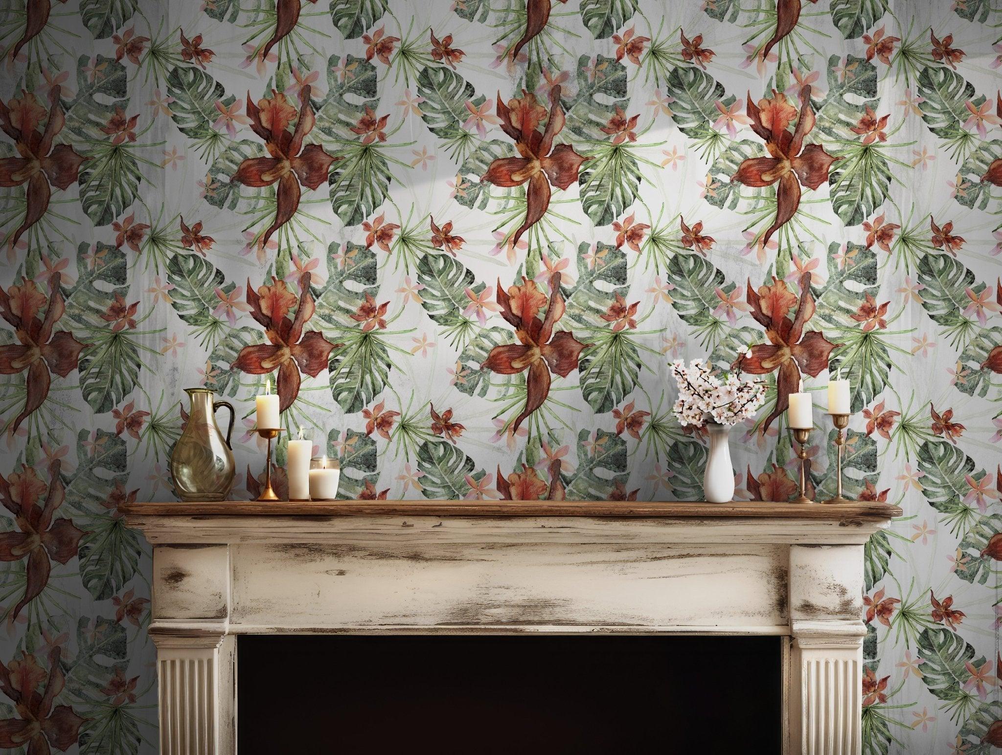 Orchids Tropical Leaf Wallpaper - Peel and Stick - Red Green Brown Watercolor Floral Monstera BV291