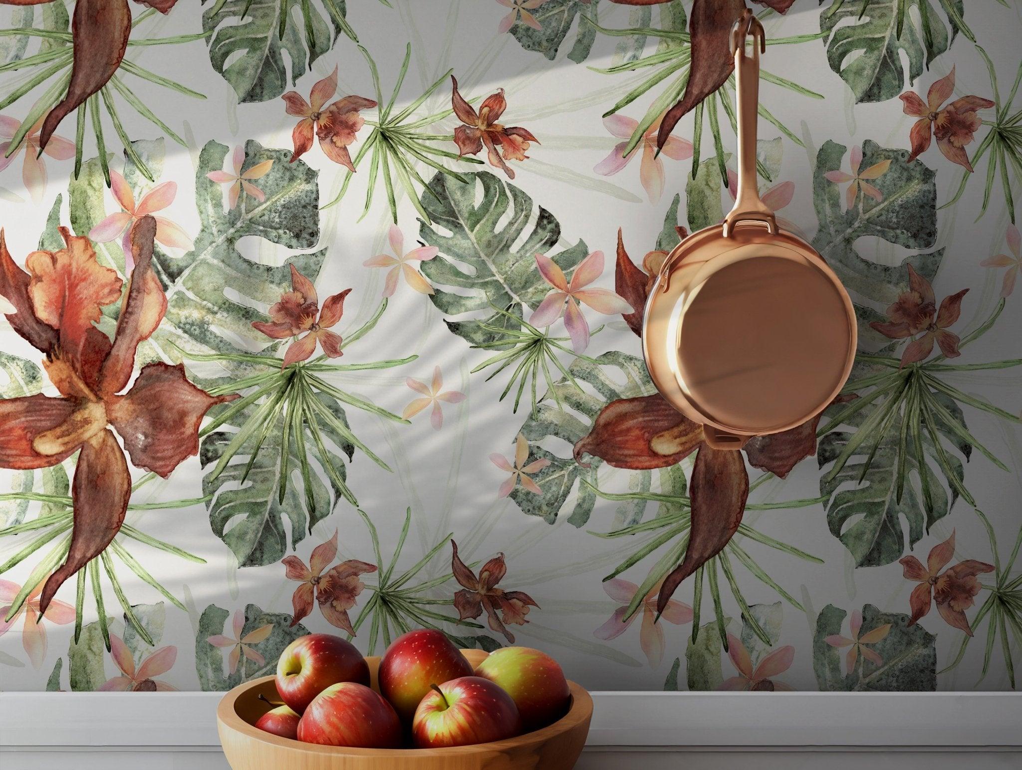 Orchids Tropical Leaf Wallpaper - Peel and Stick - Red Green Brown Watercolor Floral Monstera BV291