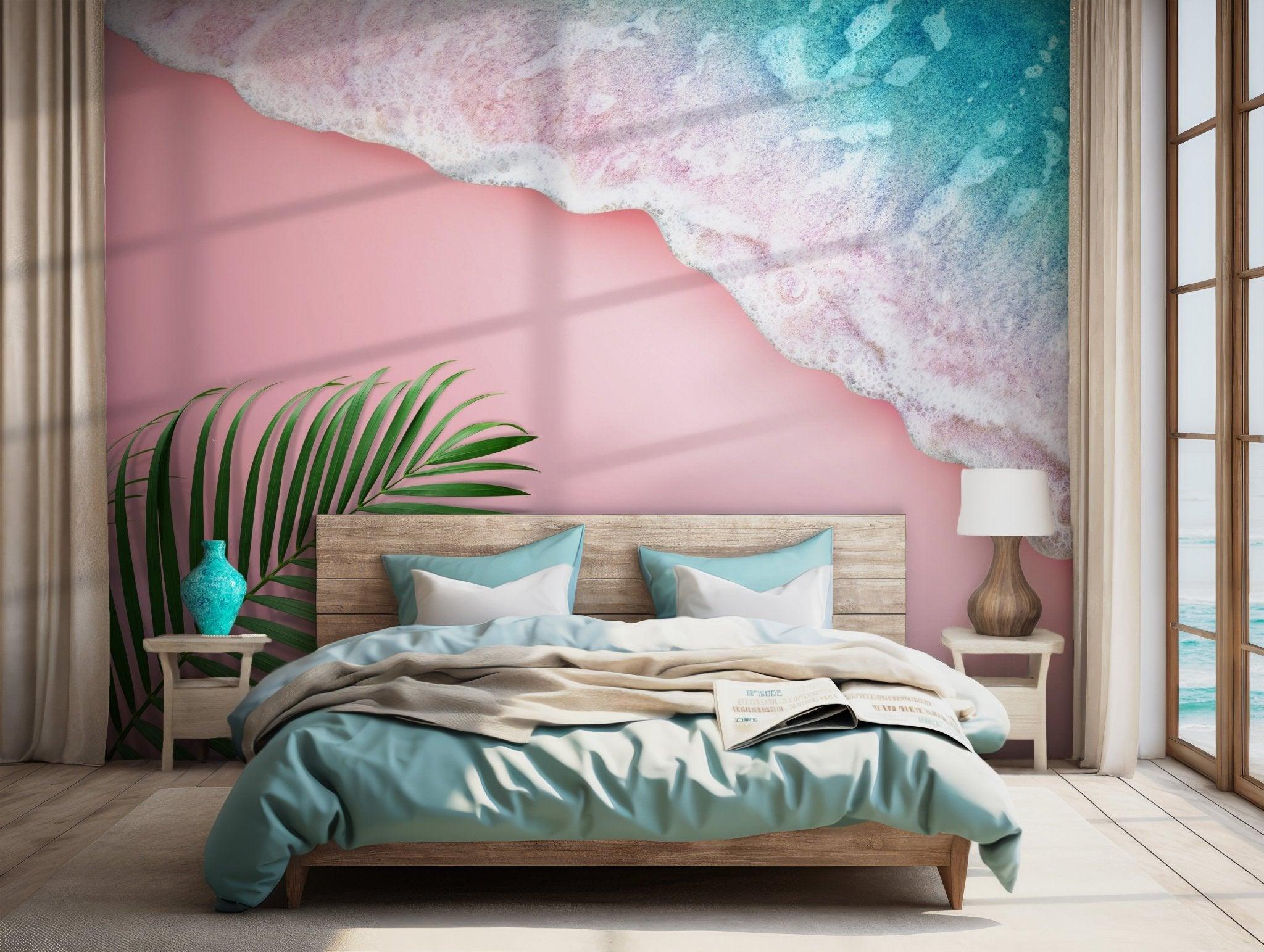 Palm Leaves Pink Wall Mural - Self Adhesive Peel and Stick Wallpaper - Ocean Tropical Beach BV155