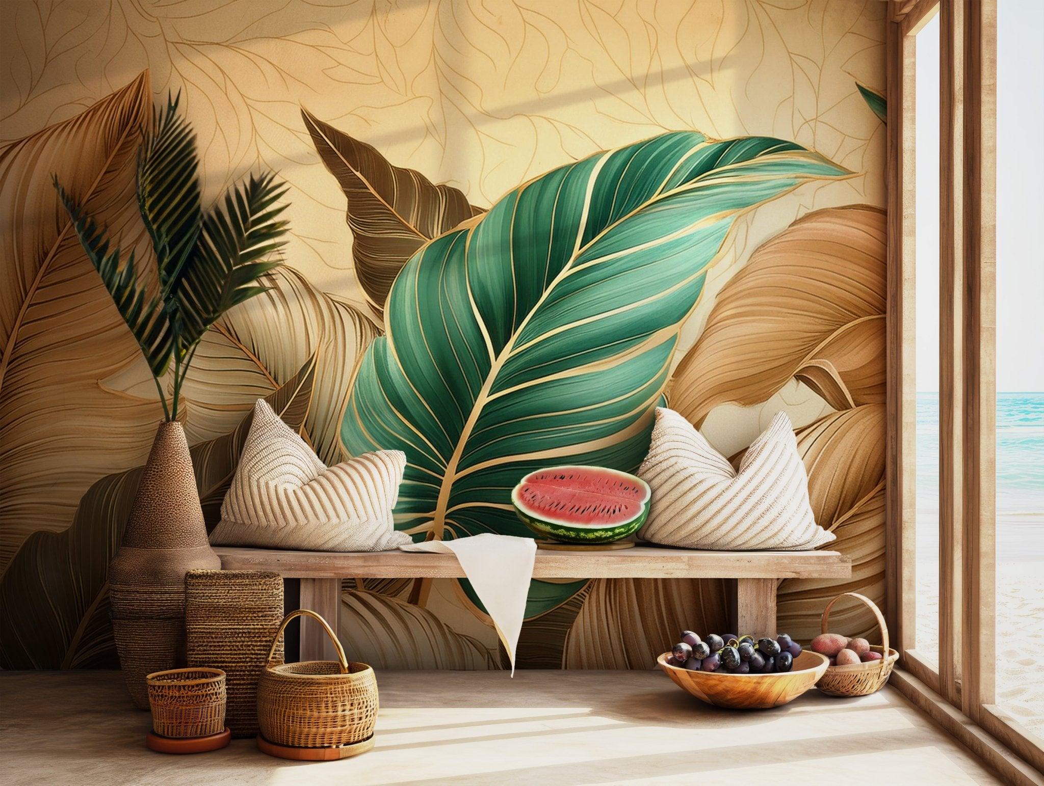 Palm Leaves Wall Mural Wallpaper- Vintage Tropical Leaf Self Adhesive Decal - Colorful Floral Peel & Stick BV115