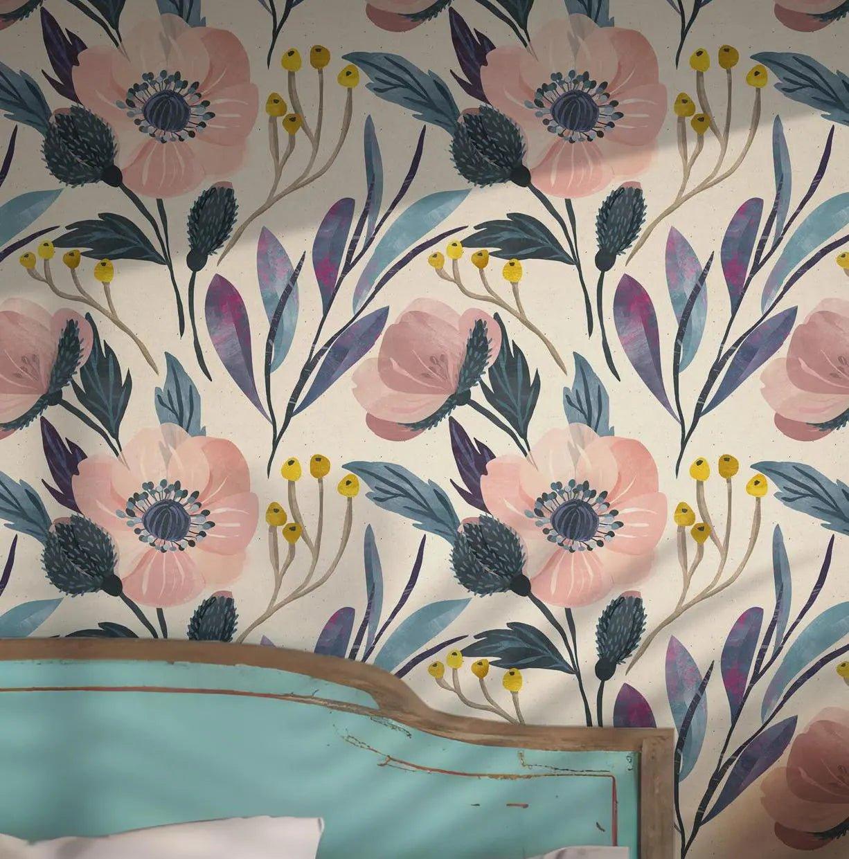 Pastel Floral Wallpaper - Self Adhesive Peel and Stick - Romantic Artful Botanical Flowers BV236
