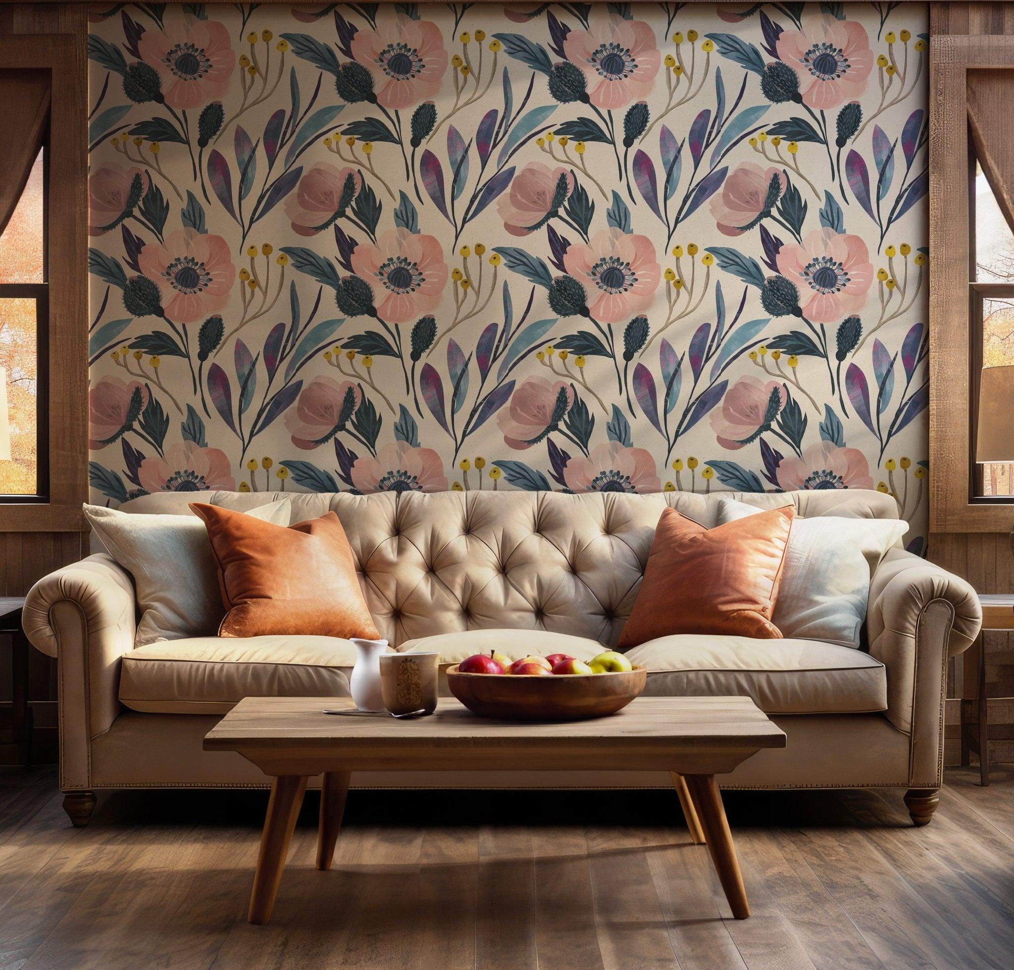 Pastel Floral Wallpaper - Self Adhesive Peel and Stick - Romantic Artful Botanical Flowers BV236