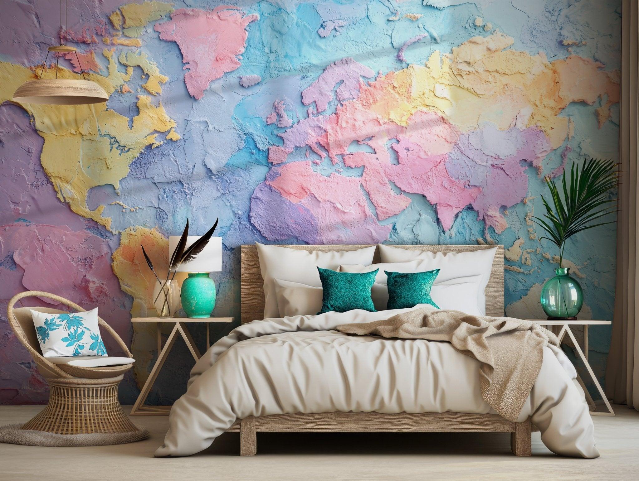 Pastel World Map Wallpaper - Peel and Stick Wall Mural Decal - Amazing Colorful Travel 3D Headquarter BV209