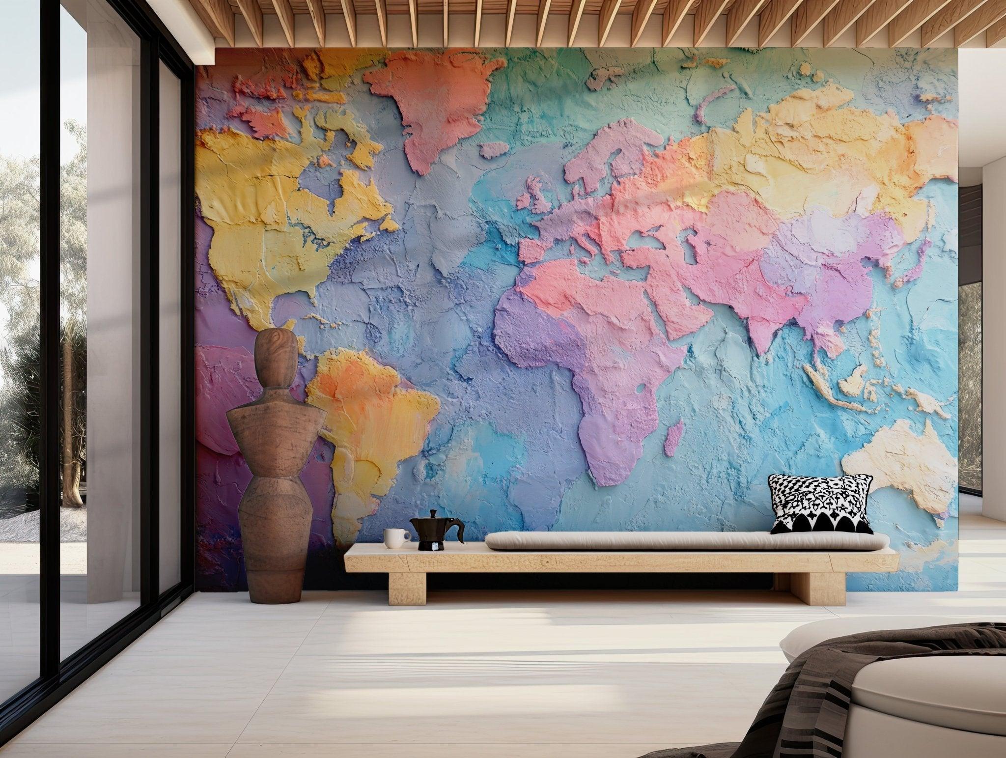 Pastel World Map Wallpaper - Peel and Stick Wall Mural Decal - Amazing Colorful Travel 3D Headquarter BV209