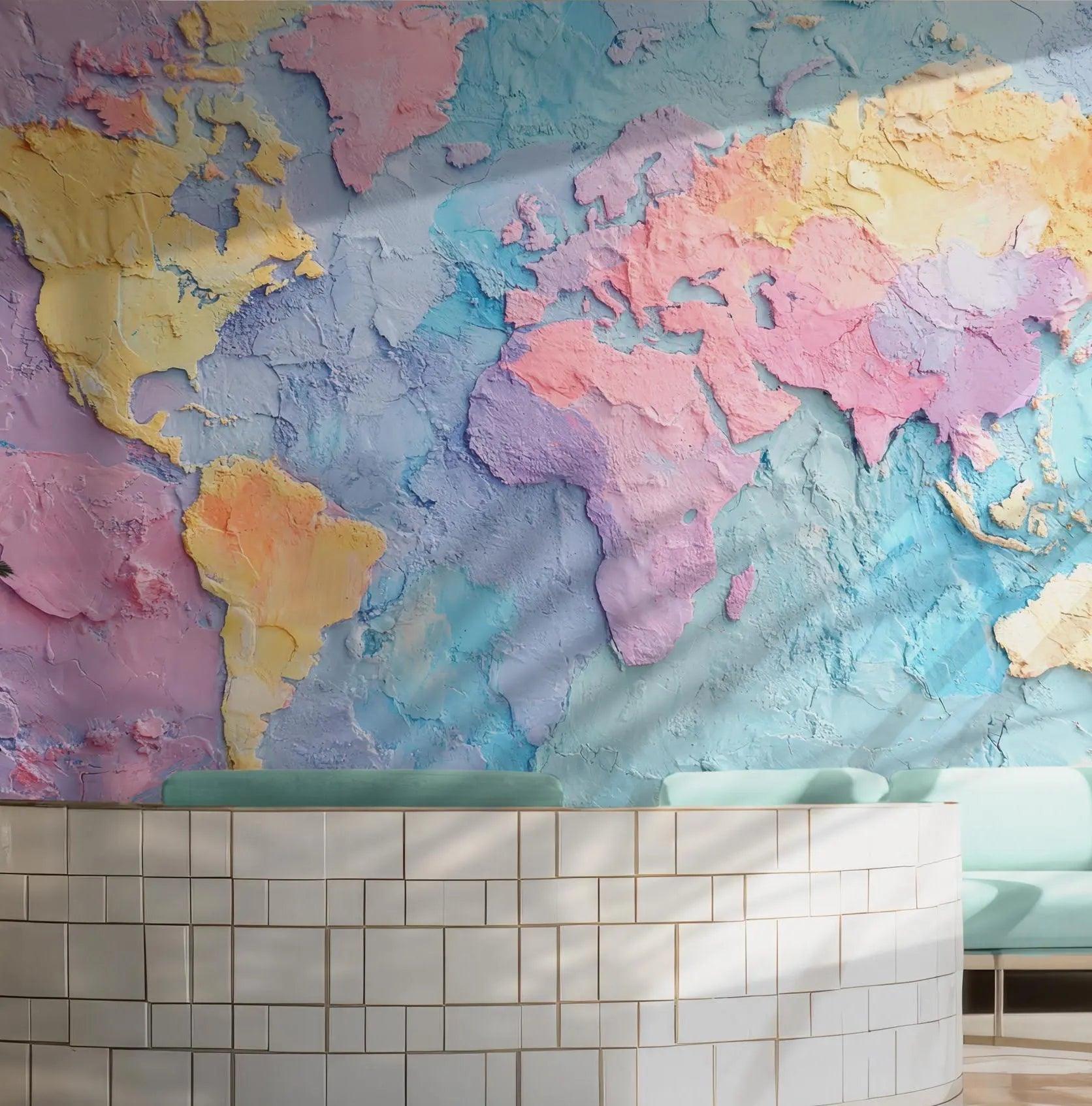 Pastel World Map Wallpaper - Peel and Stick Wall Mural Decal - Amazing Colorful Travel 3D Headquarter BV209