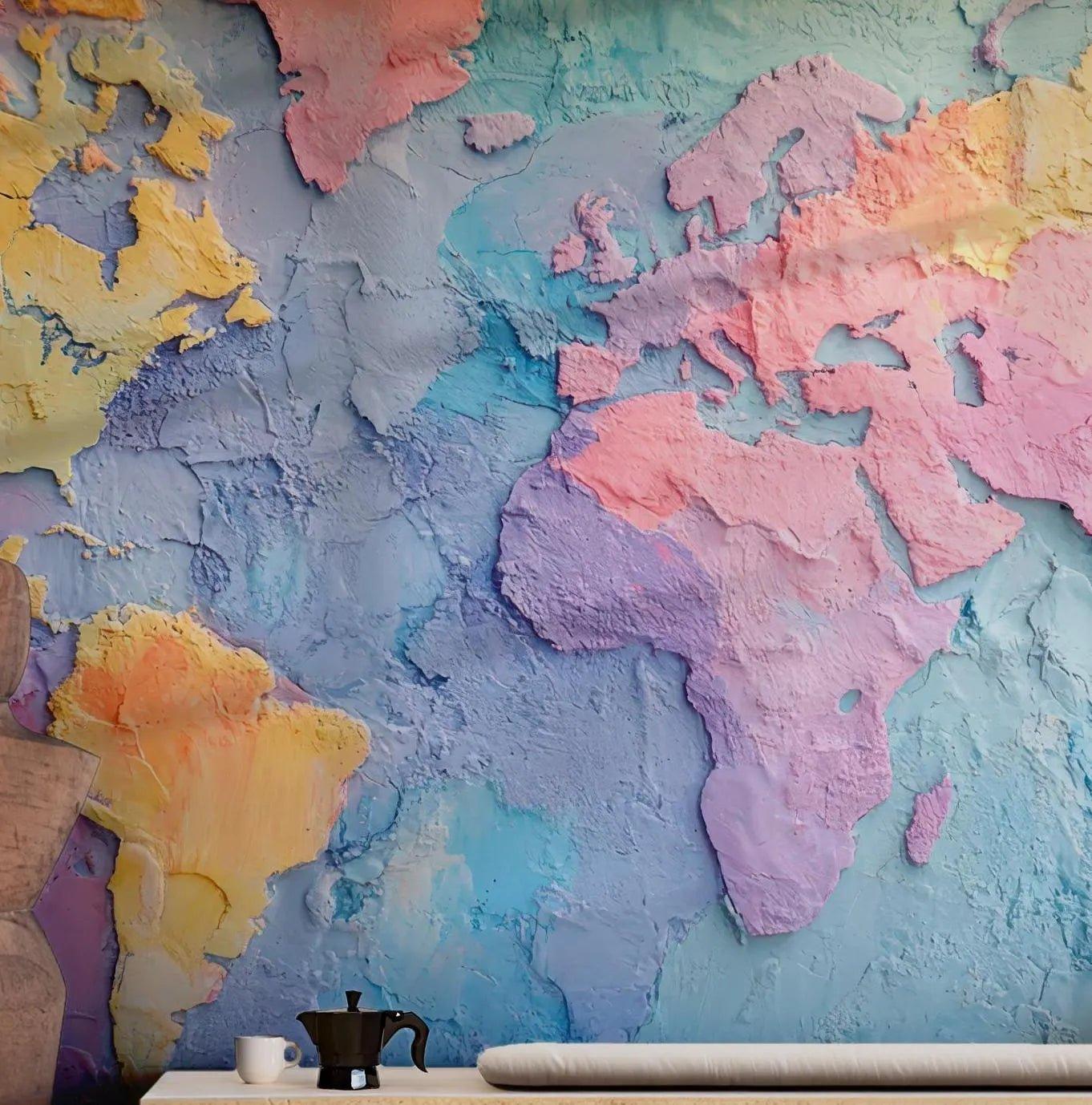 Pastel World Map Wallpaper - Peel and Stick Wall Mural Decal - Amazing Colorful Travel 3D Headquarter BV209