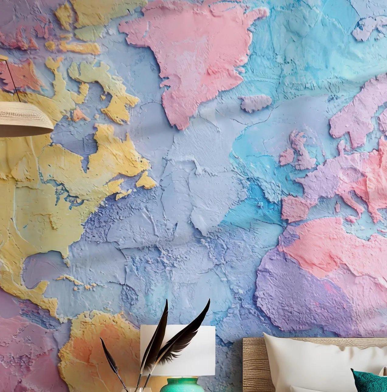 Pastel World Map Wallpaper - Peel and Stick Wall Mural Decal - Amazing Colorful Travel 3D Headquarter BV209