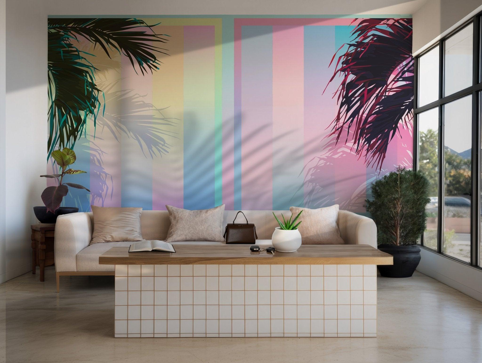 Retro palm mural in pastel pink and aqua gradient stripes printed on removable wallpaper perfect for dreamy temporary wall installs.