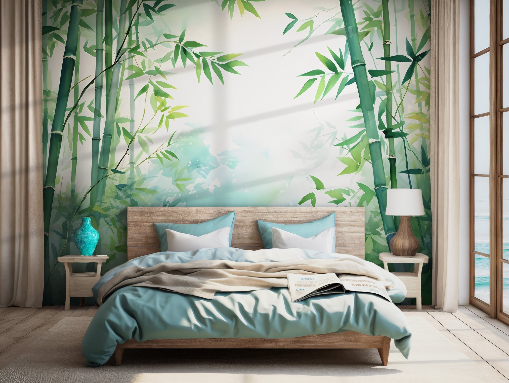 Lush bamboo grove scene painted in watercolor style, perfect for removable wallpaper use. Designed for easy installation, this temporary wallpaper brings tranquil nature to your walls without permanent damage. Ideal for spas, studios, bedrooms, or eco-chic homes looking for forest serenity.
