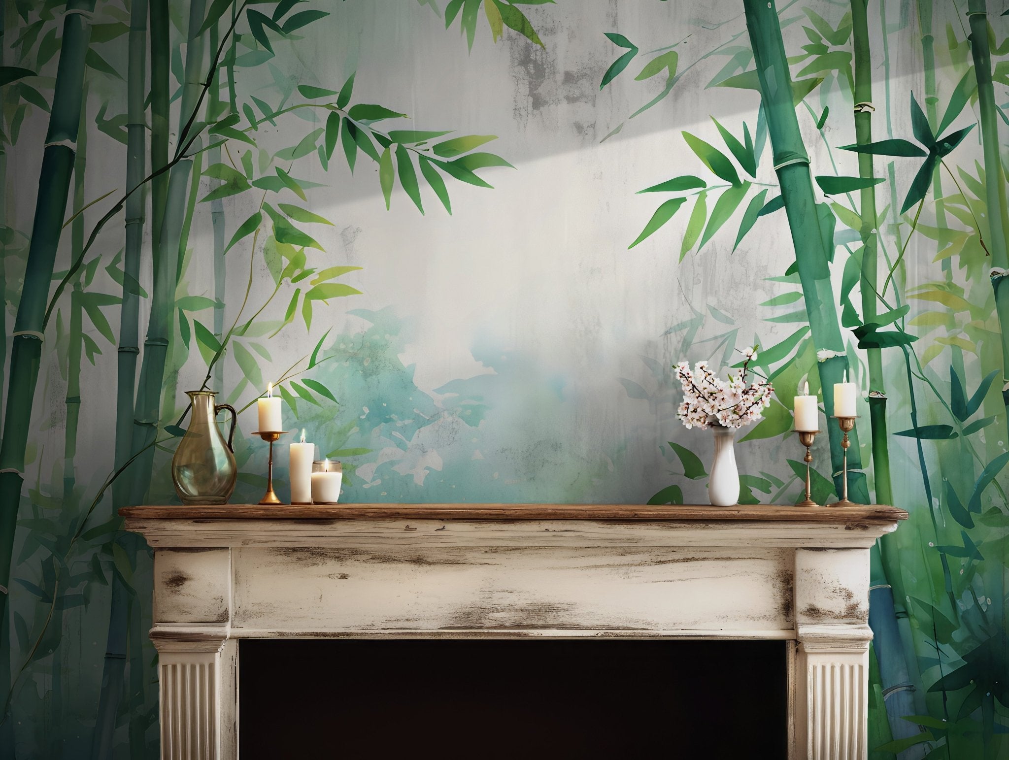 Watercolor bamboo forest wall art in light green tones, ideal for temporary wallpaper. This removable wallpaper transforms any interior into a peaceful, zen-inspired space. The lush vertical bamboo stalks and scattered leaves add nature’s calm energy. Great for renters and DIY decorators seeking a non-permanent botanical statement.