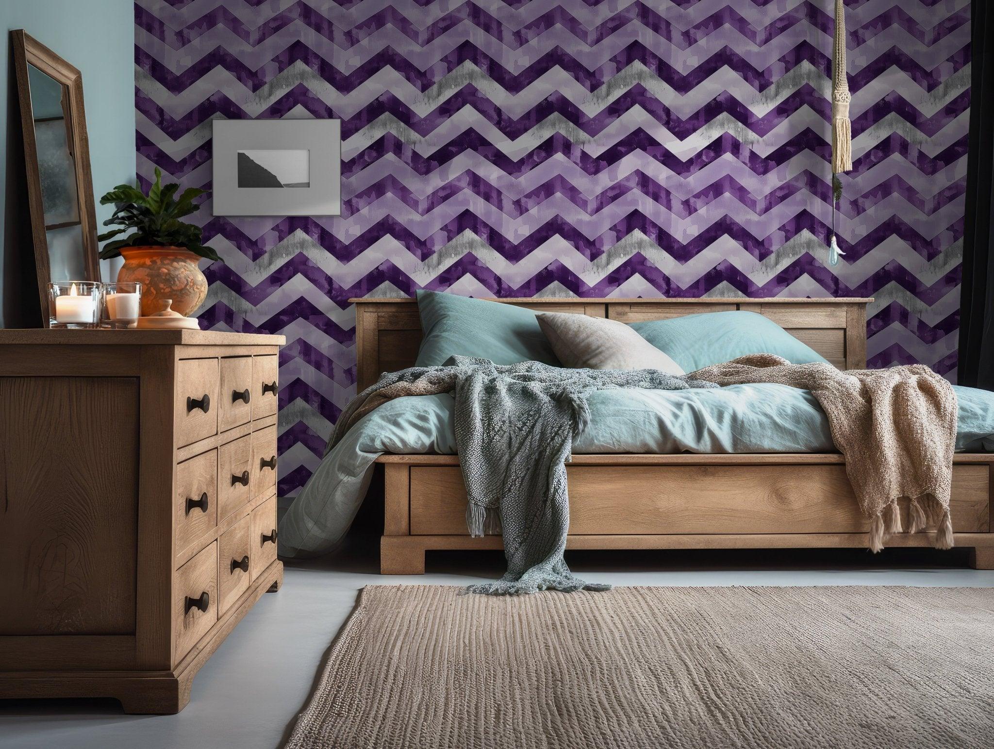 Purple chevron peel and stick design in plum and lavender tones offers a bold temporary wallpaper ideal for modern accent wall styling.