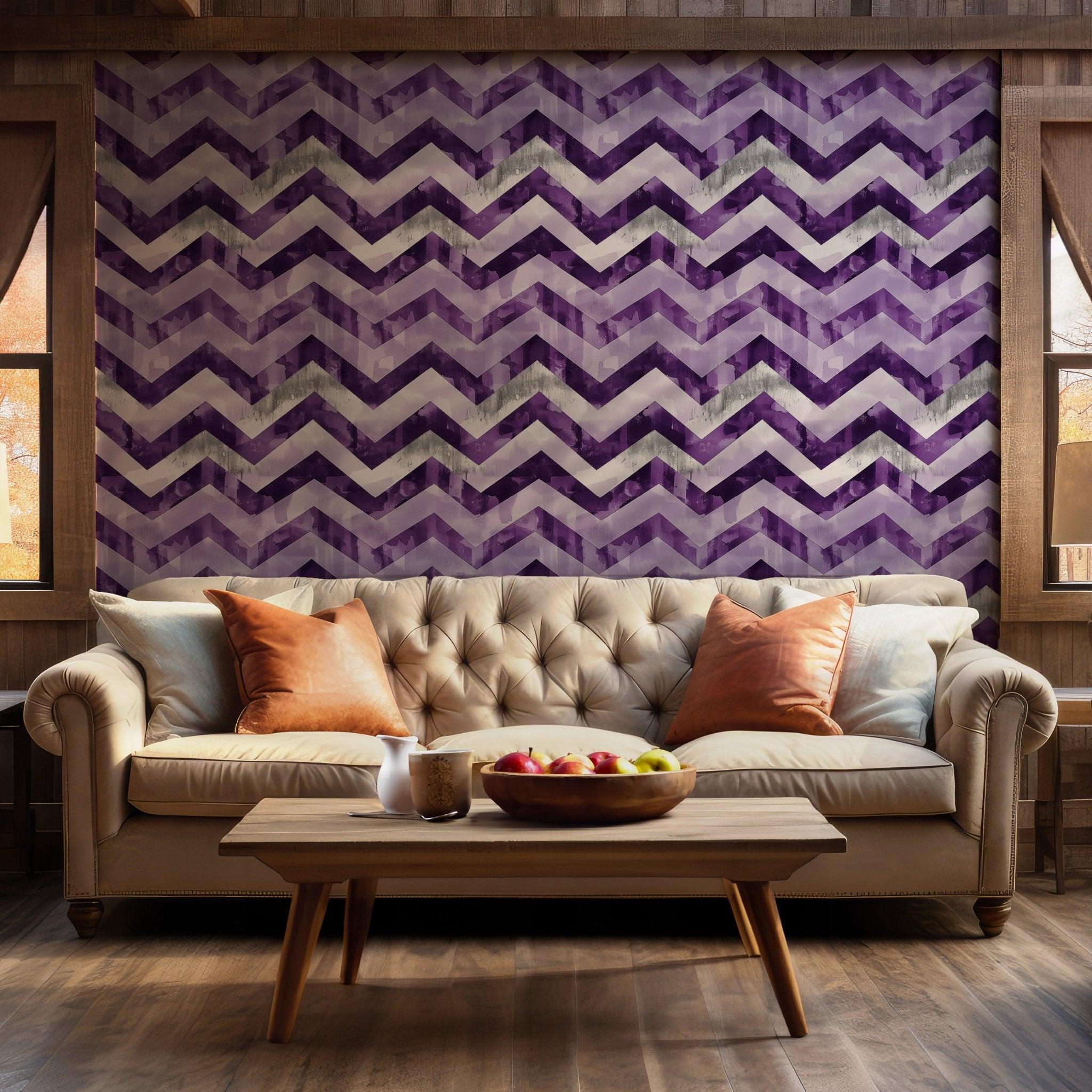 Removable wallpaper in zigzag chevron pattern with deep purples and watercolor texture creates stylish depth in any bedroom space.