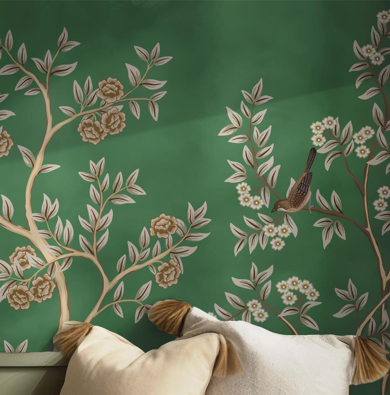 Peel and Stick Wall Mural - Wallpaper Featuring Green Yellow Birds and Butterflies in Forest BV197